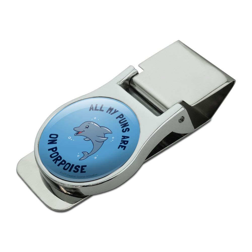 Funny Pun Money Clip - 'All My Puns Are On Porpoise' Satin Chrome Plated Metal Gift for Men - Perfect for Cash, Credit Cards & Gifts (Birthday, Father's Day, Graduation)