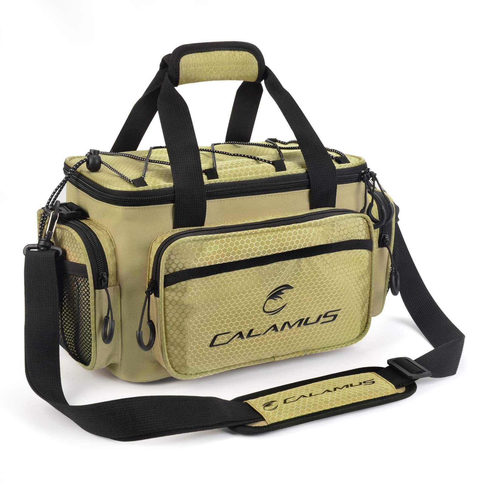 **Calamus Fishing Tackle Bag - Durable Rip-Stop PE Saltwater & Freshwater Fishing Gear - Padded Shoulder Strap & Pliers Storage - Khaki - Perfect for Shore, Boat, and Kayak Fishing**