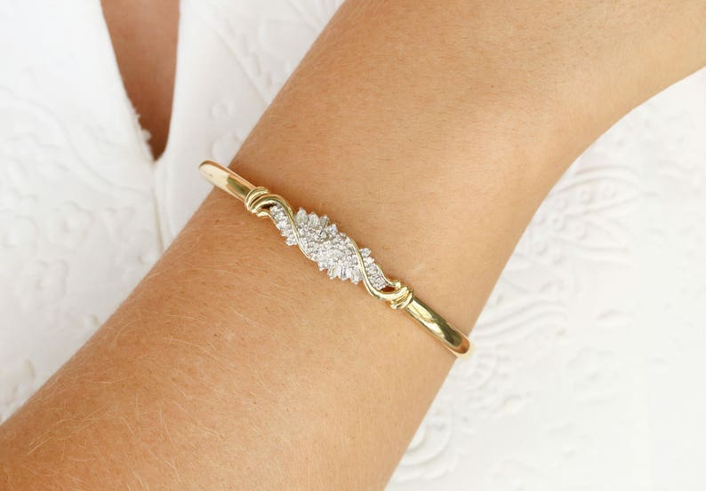 0.88tcw 14K Gold Vintage Bangle Bracelet with Natural White Diamond Baguettes - Elegant Jewelry for Weddings, Parties & Special Occasions