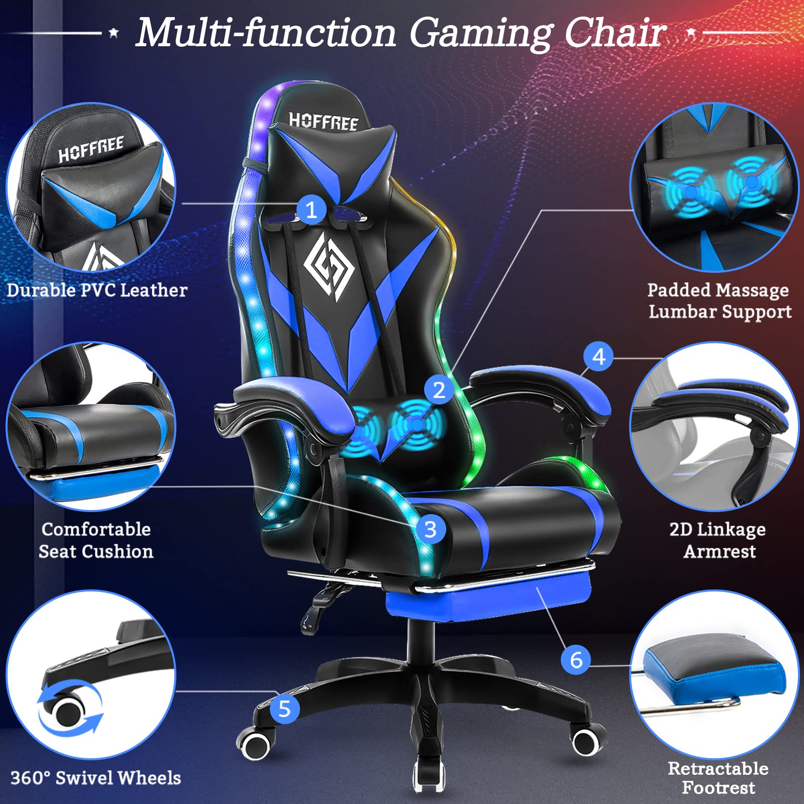 Ergonomic Gaming Chair with Massage, RGB LED Lights & Footrest - Adjustable Lumbar Support High Back Computer Desk Chair for PC & Console Gamers (Blue/Black) - Perfect for Esports, Streaming & Home Office Setup