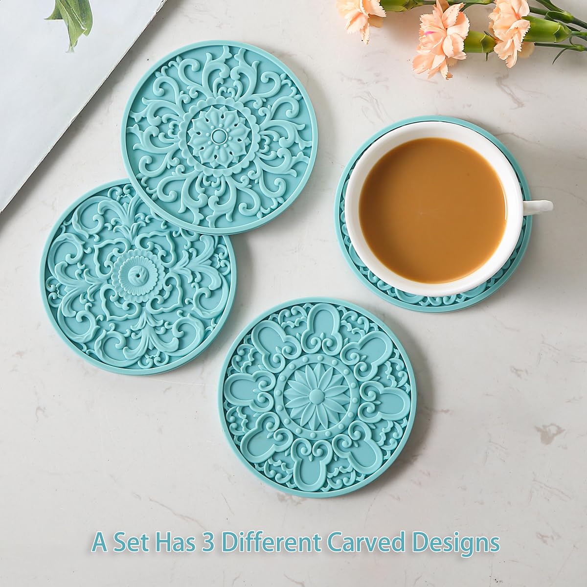 Colinda Silicone Coasters Set of 6 with Holder - Non-Slip Drink Coasters for Hot & Cold Beverages, Table Protection - 3 Stylish Patterns for Home, Office & Bar Decor (Turquoise) - Perfect for Coffee Tables, Dining Tables, and Countertops