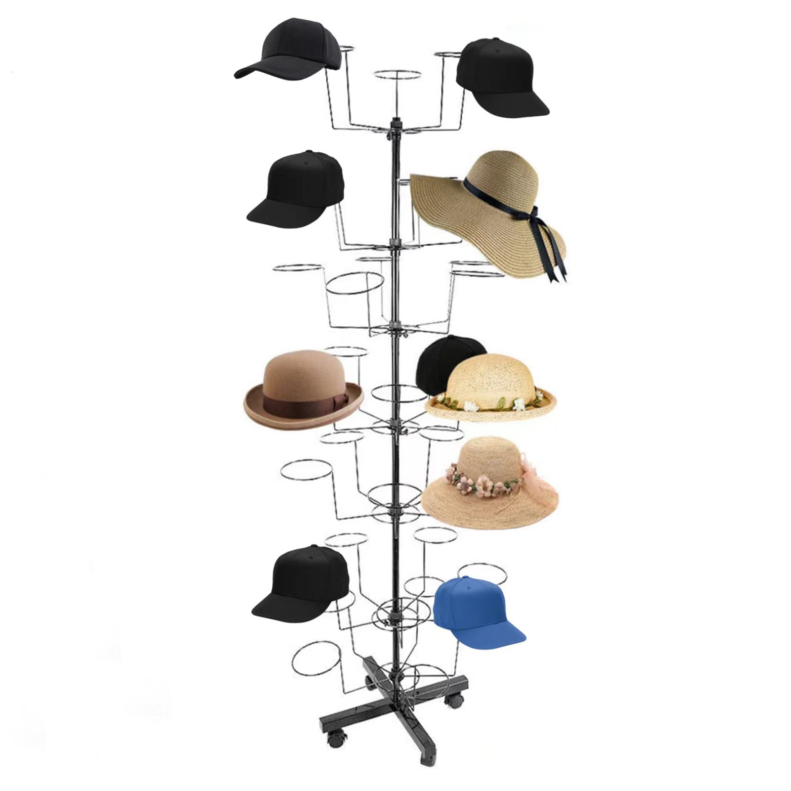Frederimo 7-Tier Rotating Hat Display Stand - 35 Hooks Metal Freestanding Retail Display for Caps, Wigs & Hats - Commercial Large Headwear Organizer (Black) | Perfect for Retail Stores, Boutiques & Salon Displays