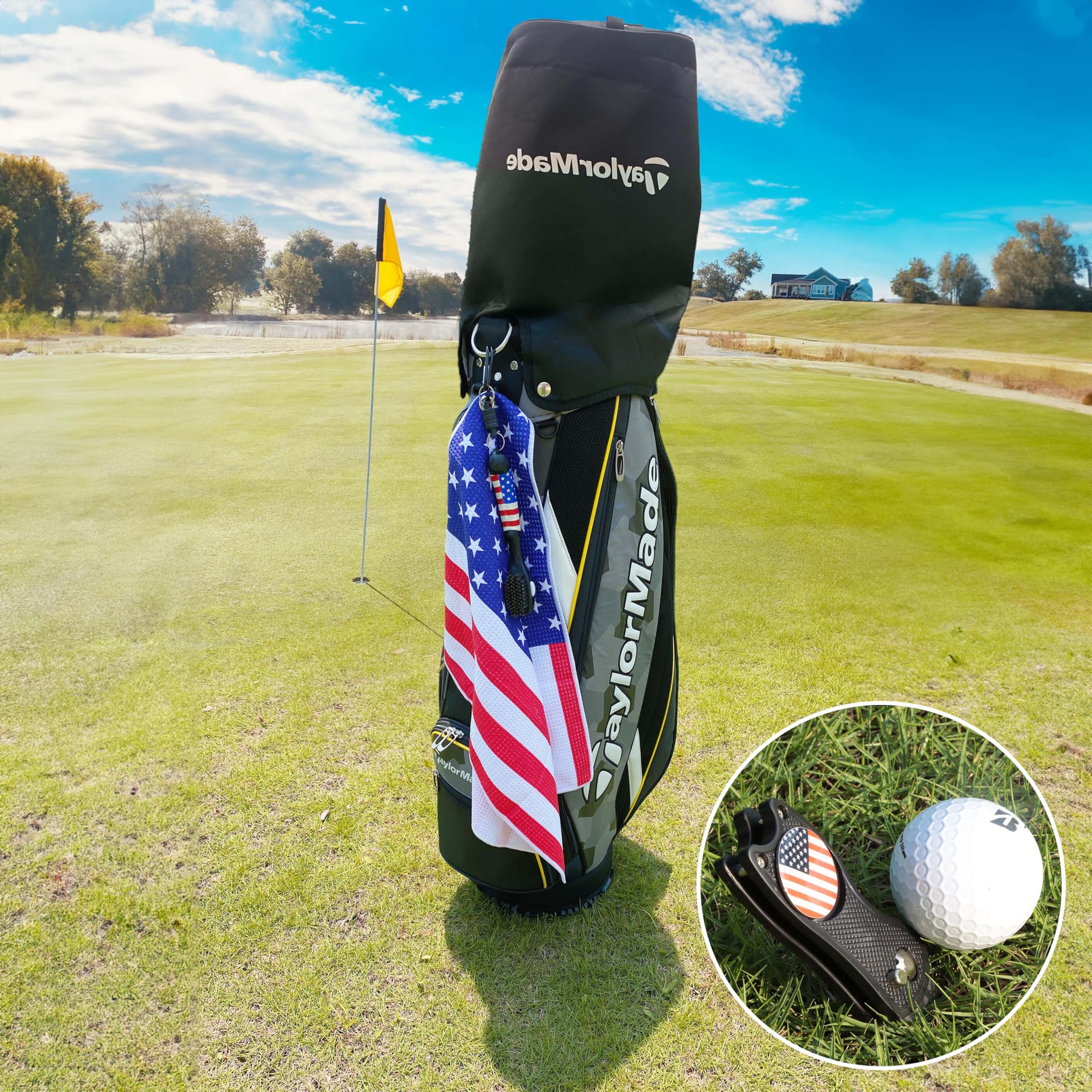 Premium Golf Club Brush & American Flag Golf Towel Set - Magnetic Golf Groove Cleaner Kit with Strong Magnet Stick for Golf Clubs & Bags | Perfect for On-Course Cleaning & Club Maintenance