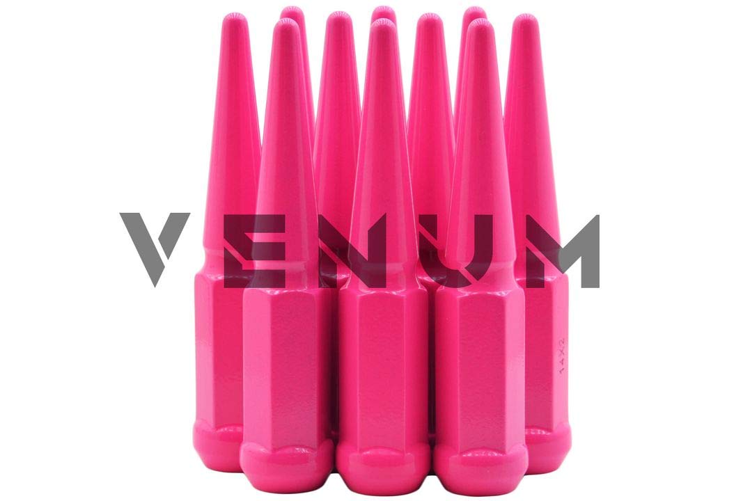 32-Piece Hot Pink Powder Coated Spike Lug Nuts - 14x2.0 Thread Size, 4.5