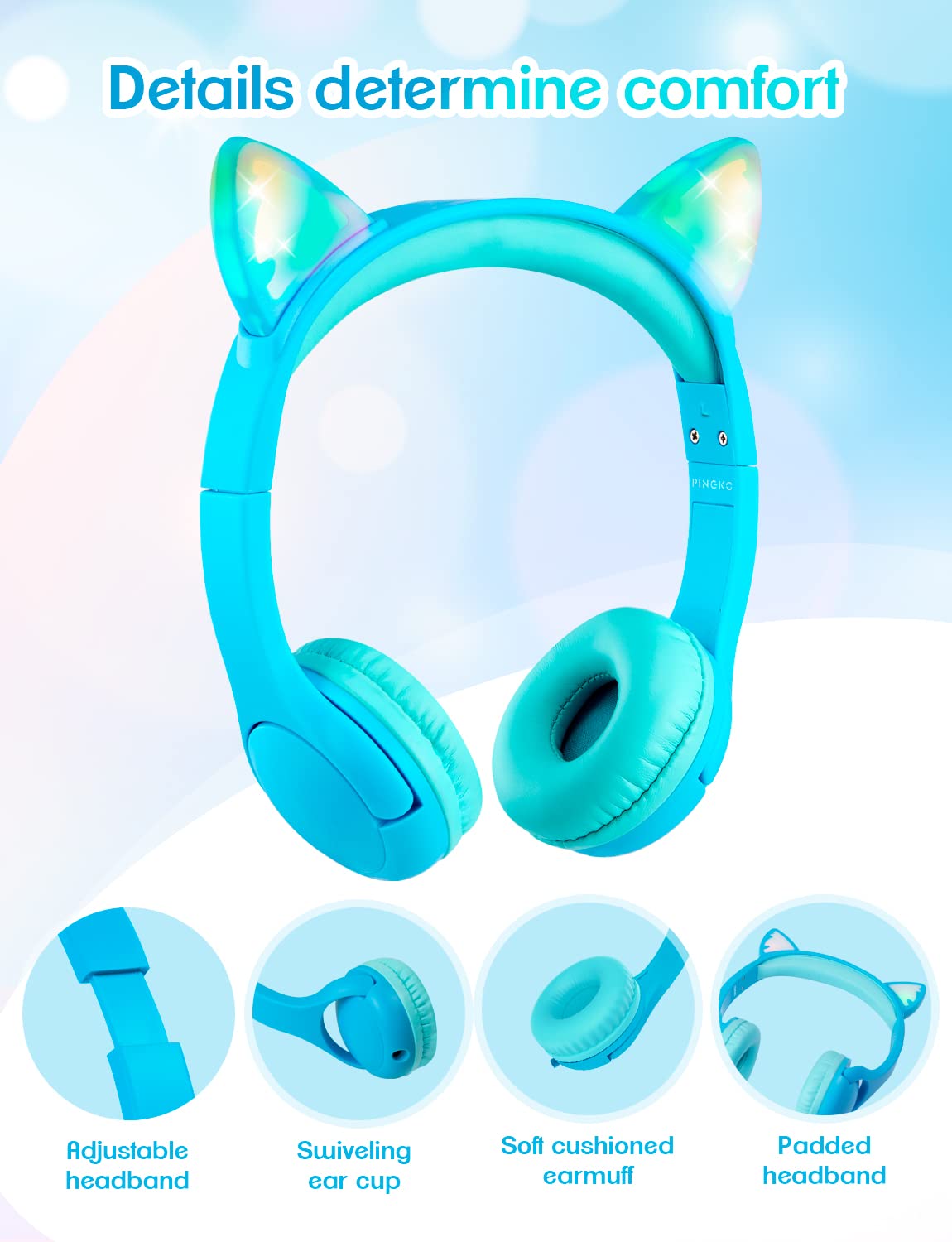 PINGKO Kids Headphones with Microphone - Cat Ear LED Light Headphones for Girls & Boys, 85dB Volume Limiting, 3.5mm Jack Stereo Earphones for iPad, School, Travel, Music Sharing - Perfect for Learning, Gaming & Entertainment (Blue)