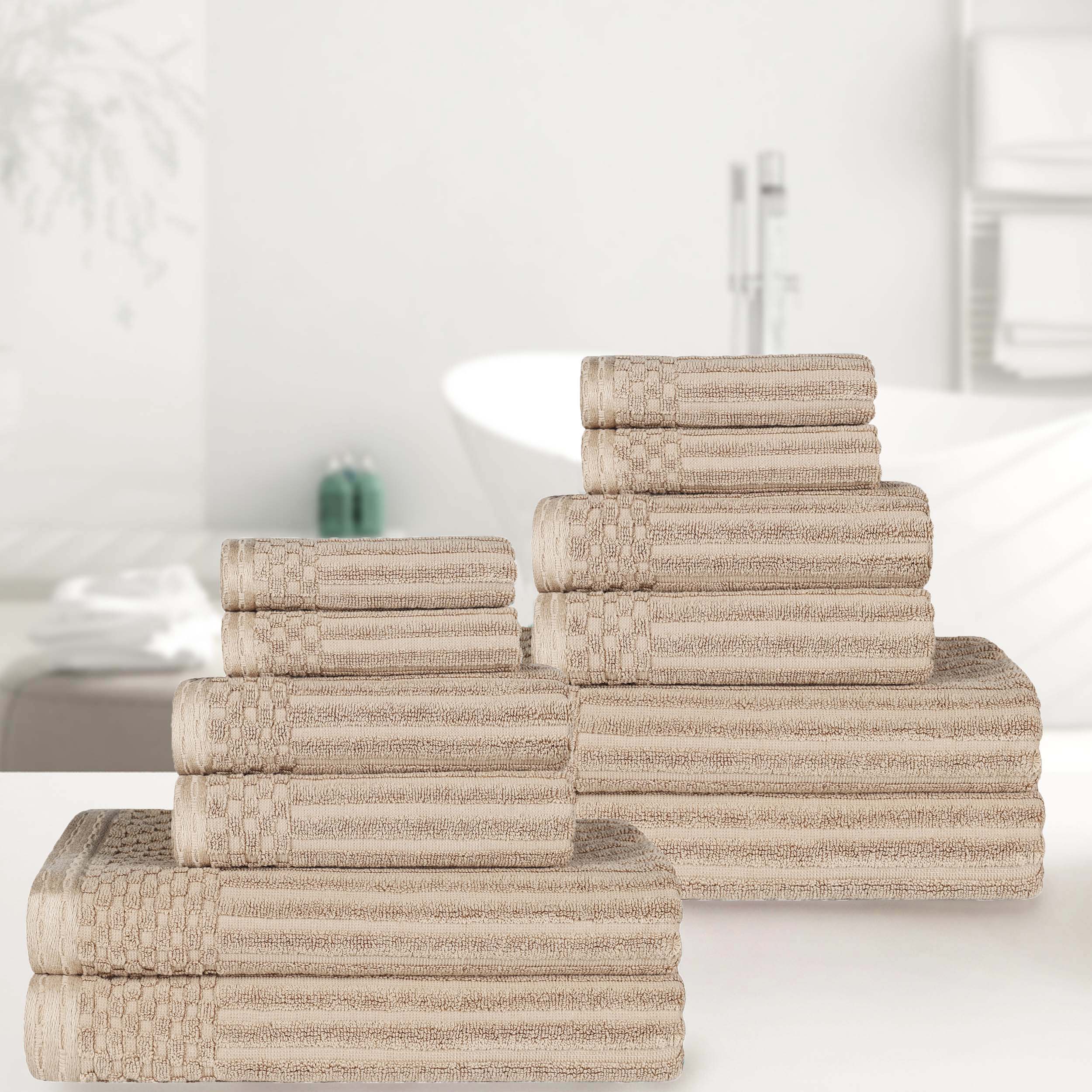 Premium 12-Piece Ribbed Cotton Towel Set - Soft, Absorbent & Medium Weight - Perfect for Bathroom, Spa & Guest Use