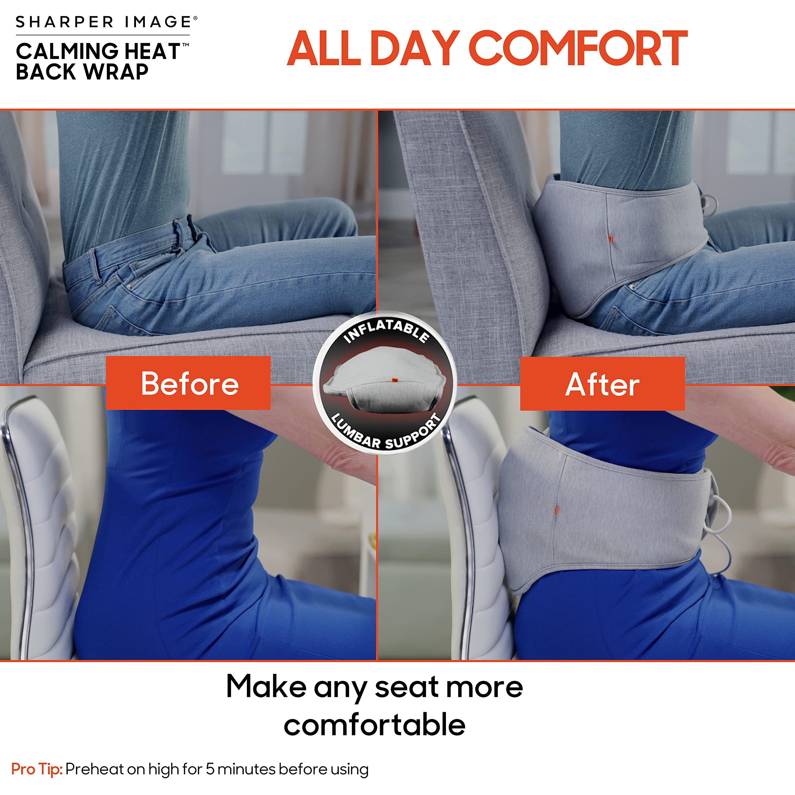 Sharper Image Electric Heating Pad for Back Pain Relief - Adjustable Lumbar Support with 9 Settings (3 Heat, 3 Vibration, 3 Massage) - Portable Heat Therapy Wrap for Office, Home & Travel Use