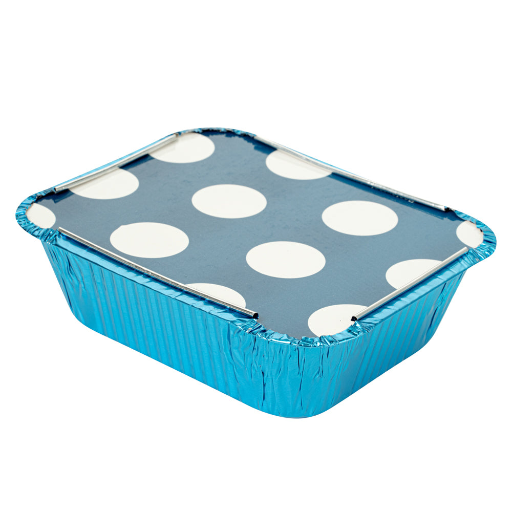 12 oz Blue Aluminum Takeout Containers with Polka Dot Paper Lids (5.75