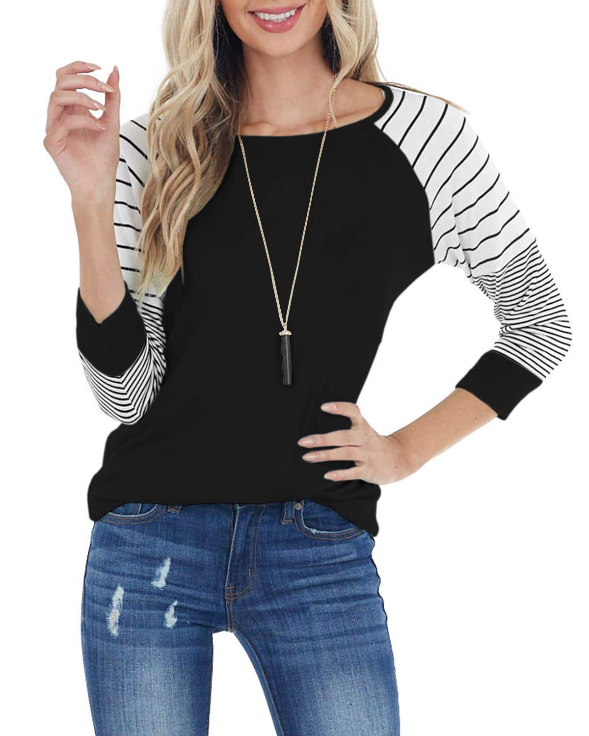 ReachMe Women's Casual 3/4 Sleeve Striped Raglan Tee - Loose Fit Crewneck Blouse for Everyday Wear | Perfect for Work, Weekend & Travel Outfits