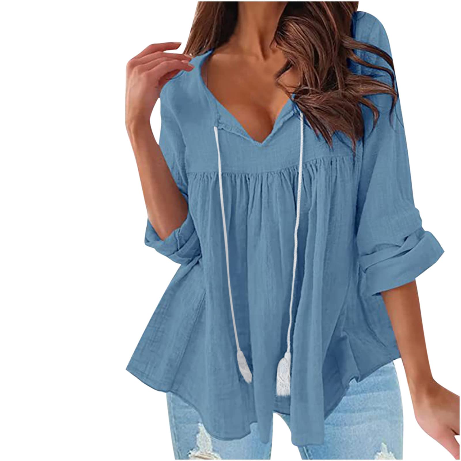 Women's Summer Cotton Linen Long Sleeve V-Neck Blouse - Lace-Up Casual Oversized Tops for Women - Breathable & Comfortable for Beach, Travel & Everyday Wear