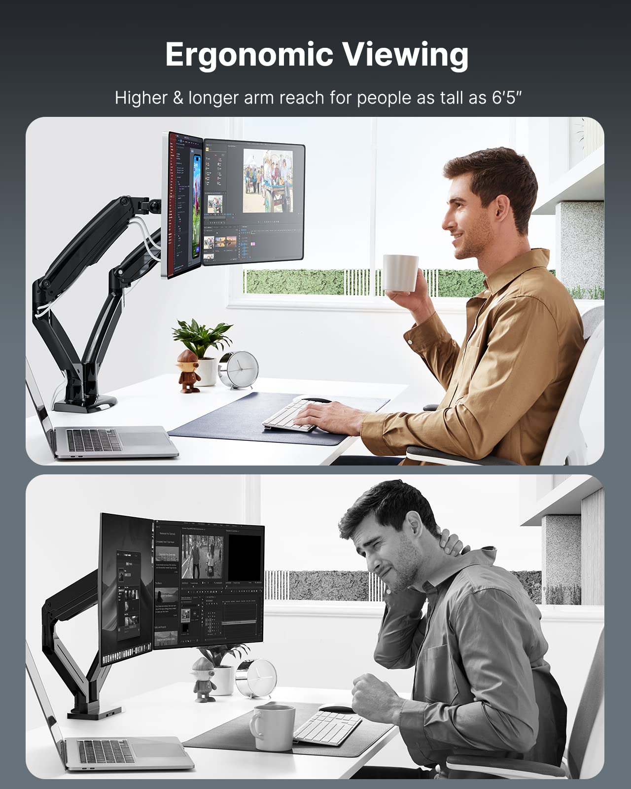 HUANUO Dual Monitor Stand for 13 to 40 Inch Screens - Heavy Duty Adjustable VESA Mount with USB Ports, Holds 2 Monitors up to 26.4lbs Each (Clamp/Grommet Base) - Perfect for Home Office, Gaming Setup & Workstation (Black)