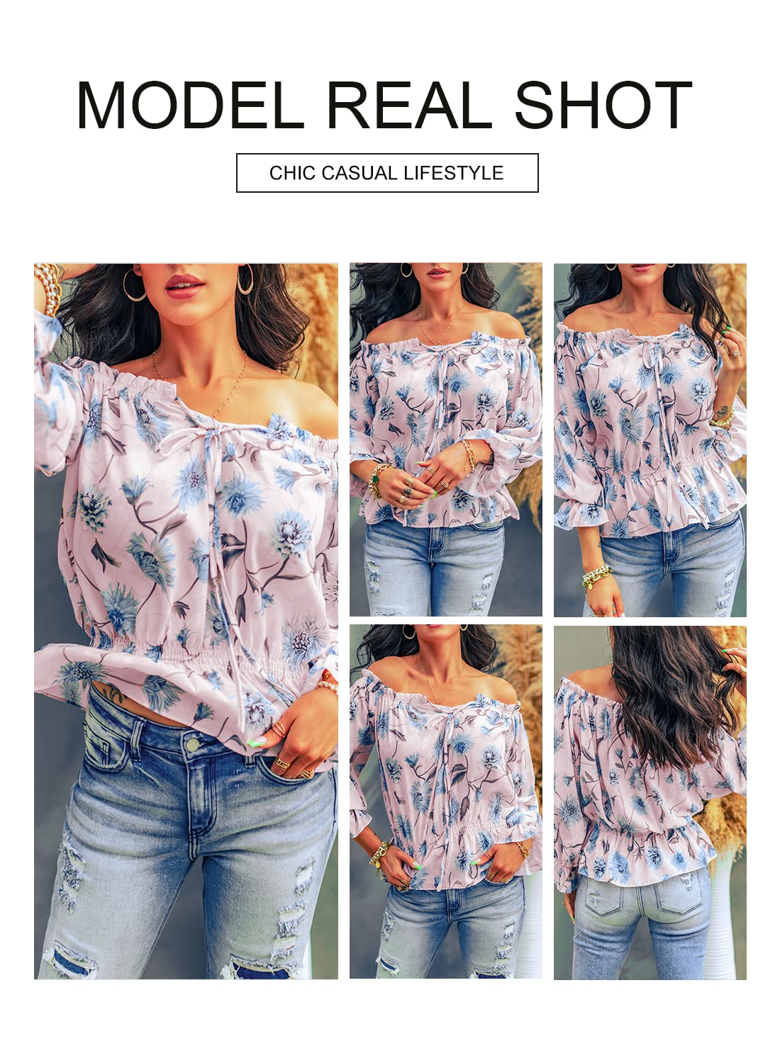 BLENCOT Women's Summer Sexy Off Shoulder Boho Blouse - Floral Chiffon Top with Ruffle Sleeves for Beach, Party & Date Night Outfits