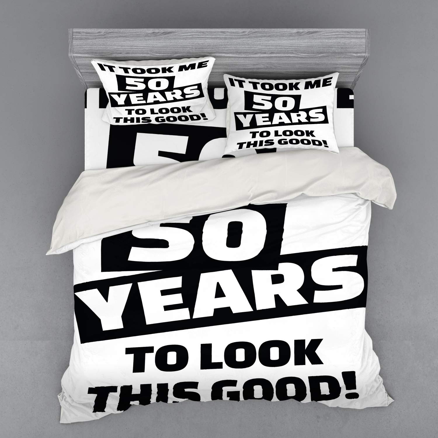 Ambesonne 50th Birthday Duvet Cover Set - Funny Happy Face Expression & Self Confidence Themed Pictogram Design - 4 Piece King Size Bedding Set with Shams & Fitted Sheet in Black & White - Perfect for Birthday Gifts, Adult Bedroom Decor & Themed Parties