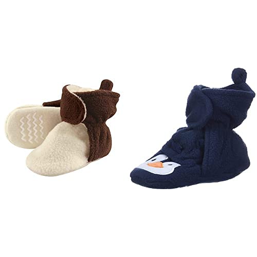 Hudson Baby Fleece Booties 2-Pack - Brown Cream Navy Penguin - 12-18 Months for Winter Warmth