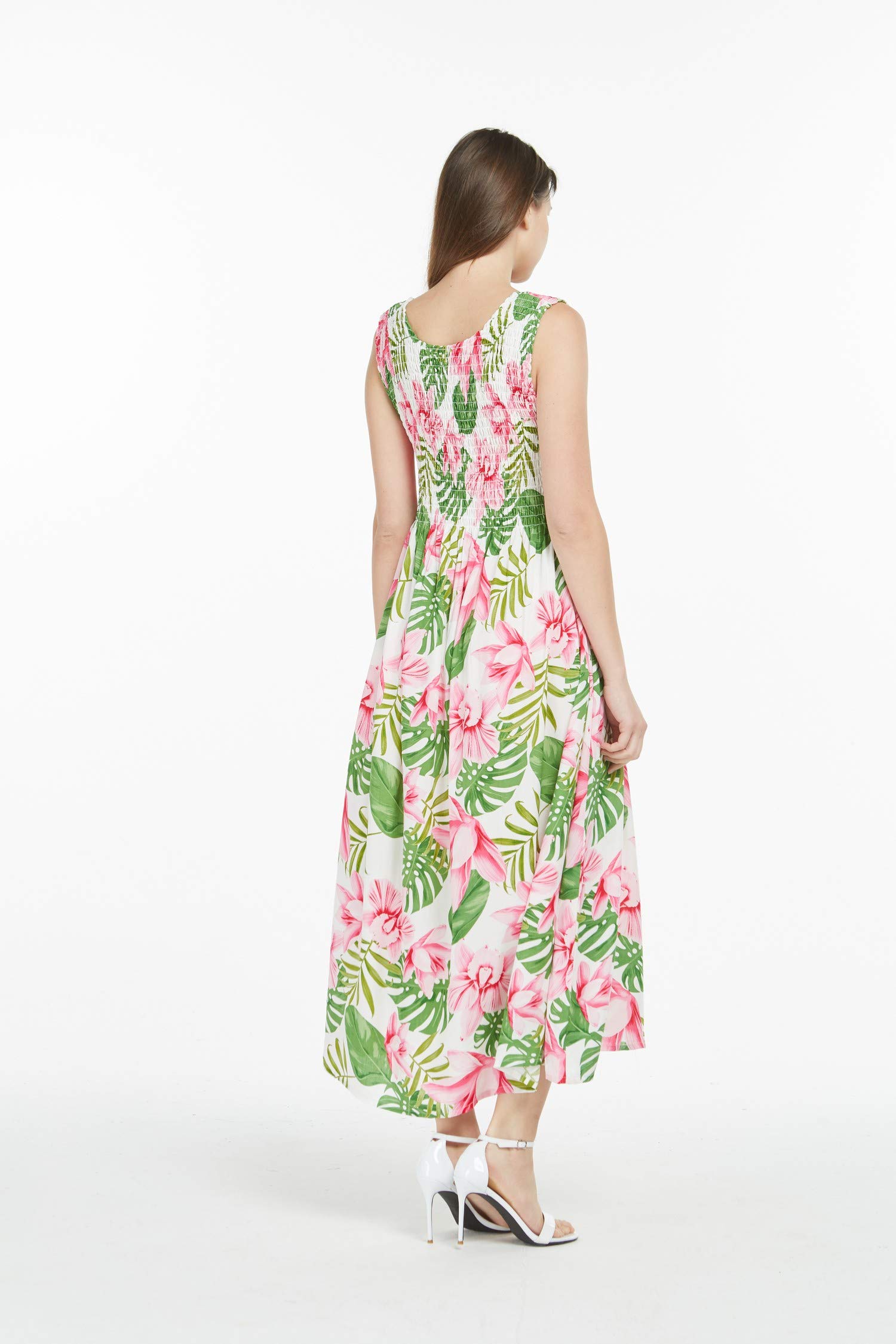 Women's Hawaiian Maxi Tank Dress - Elastic Waist, Floral Sunset Print - Perfect for Luau Parties, Beach Vacations & Summer Outings