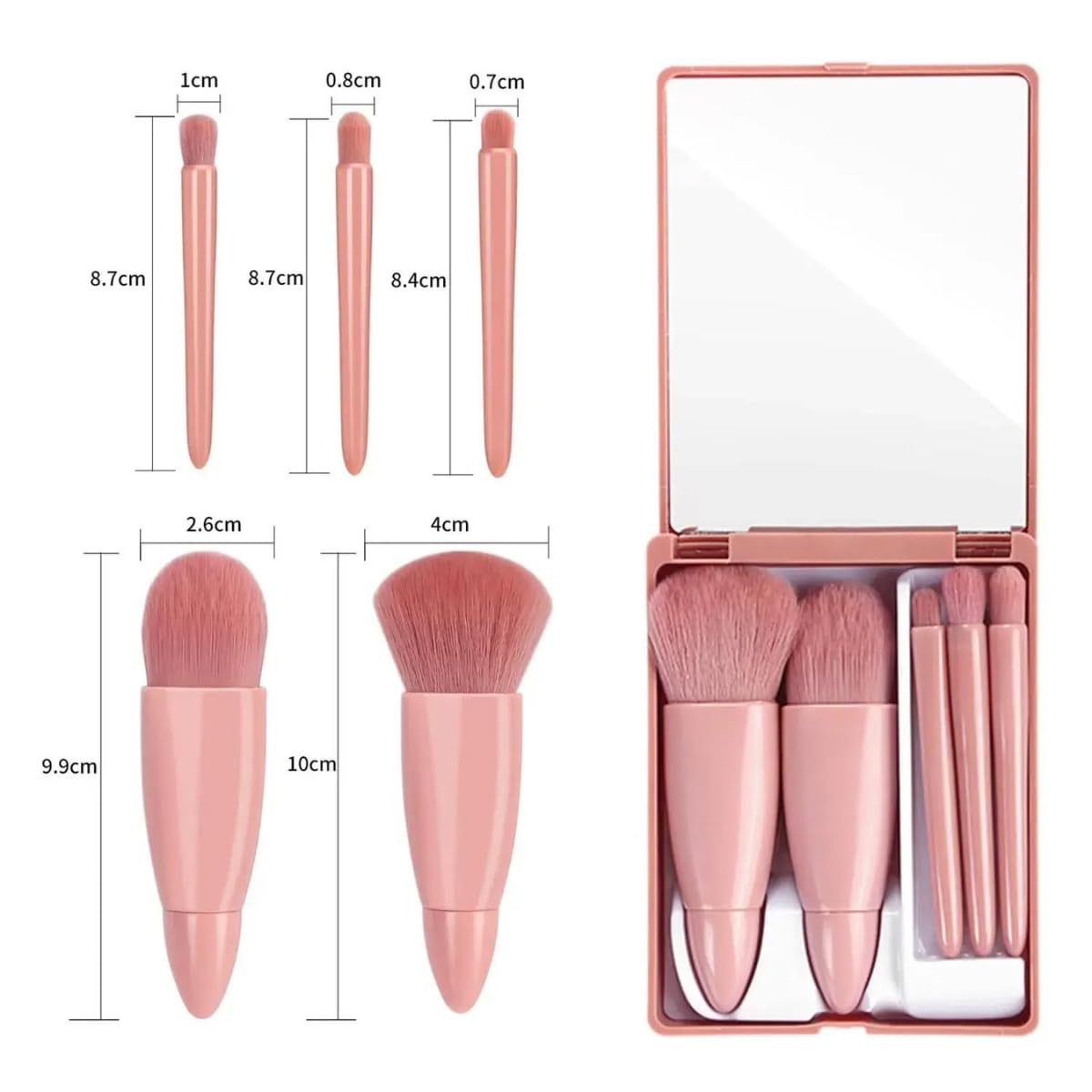 Cavernshop Professional 5-in-1 Mini Makeup Brush Set with Mirror - Face, Eyeshadow, Powder & Blush Cosmetic Kit | Travel-Friendly Makeup Brushes for Women & Girls | Perfect for On-the-Go Touchups & Professional Makeup Application