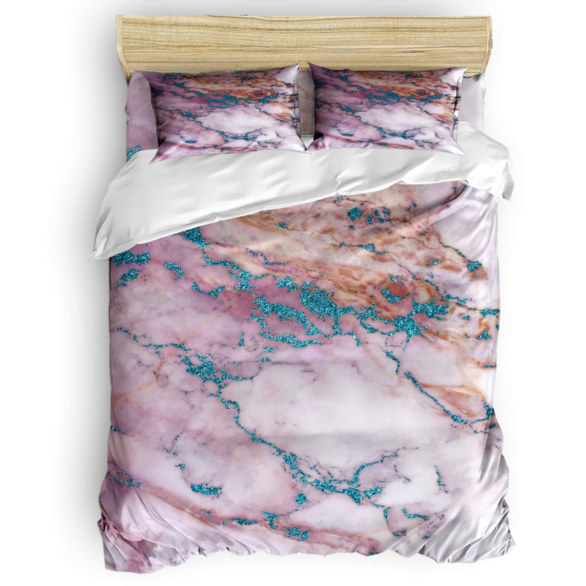 4-Piece Full Bedding Set - Marble Purple Pattern Comforter Cover, Sheets & 2 Pillowcases for Kids' Bedroom | Sapphire Stone Color Block | Perfect for Girls, Boys & Teens' Room Decor
