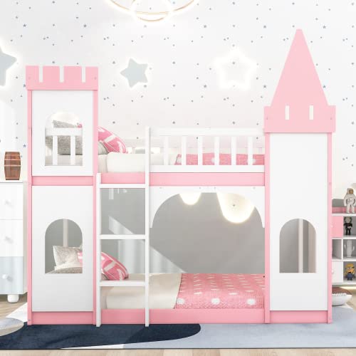 Harper & Bright Designs Twin Over Twin Kids Bunk Bed with Castle Shape - Wooden Loft Bed for Girls & Boys - Space-Saving Bedroom & Dorm Furniture - Perfect for Shared Rooms, Sleepovers & Small Spaces (Pink)