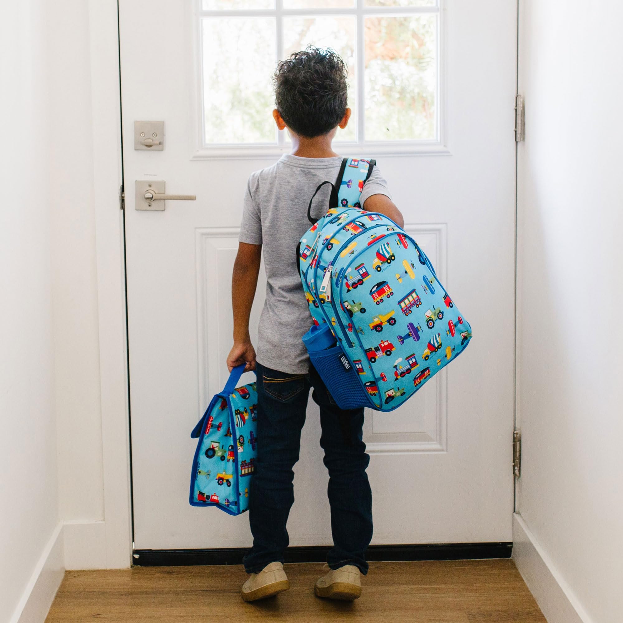 Wildkin Kids 15 Inch Backpack Set with Bento Lunch Box - Trains, Planes & Trucks Design | Perfect for School, Travel & Daycare