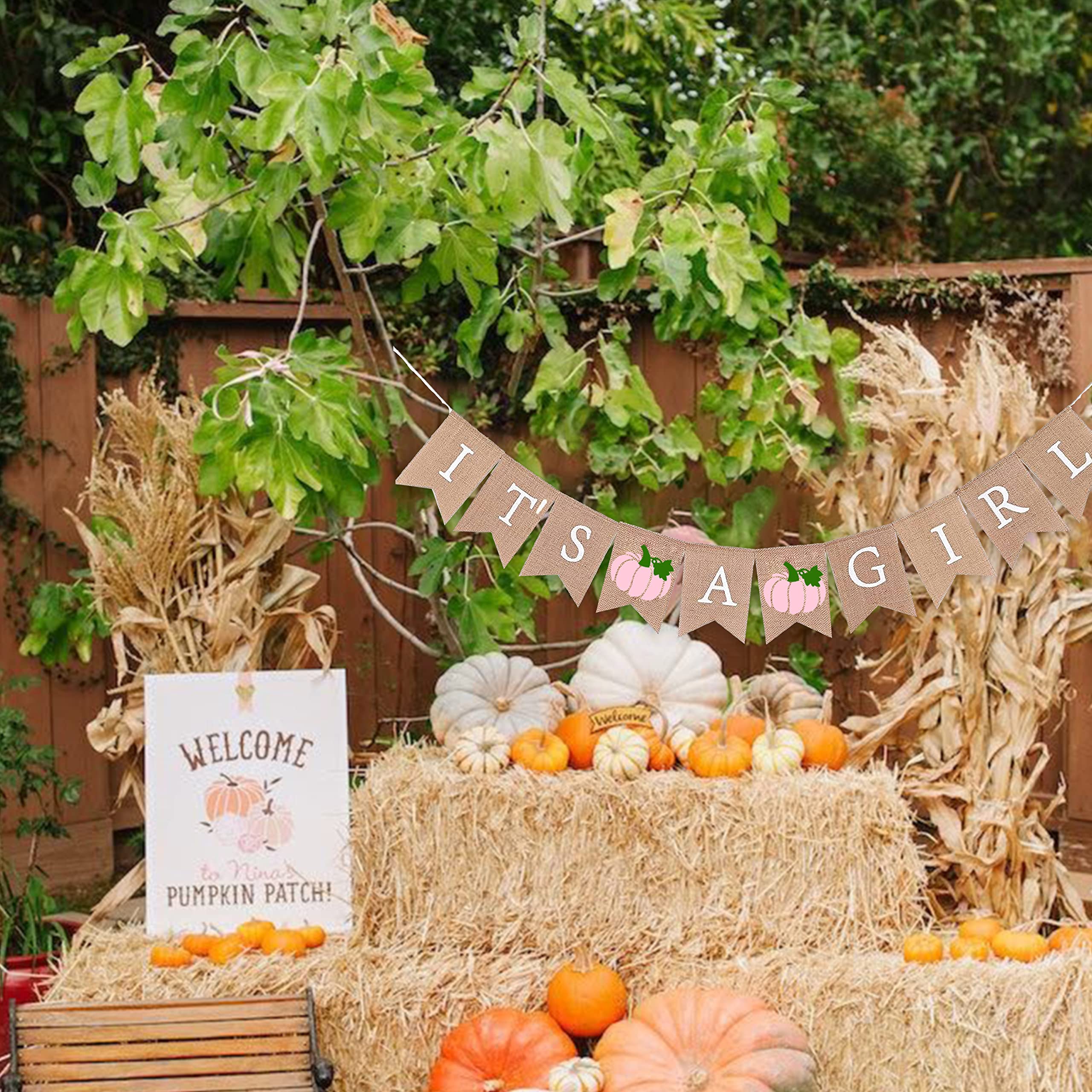 Pink Pumpkin 'It's A Girl' Burlap Banner - Fall Baby Shower Garland Decor for Little Pumpkin Theme Nursery, Gender Reveal Party & Autumn Celebrations