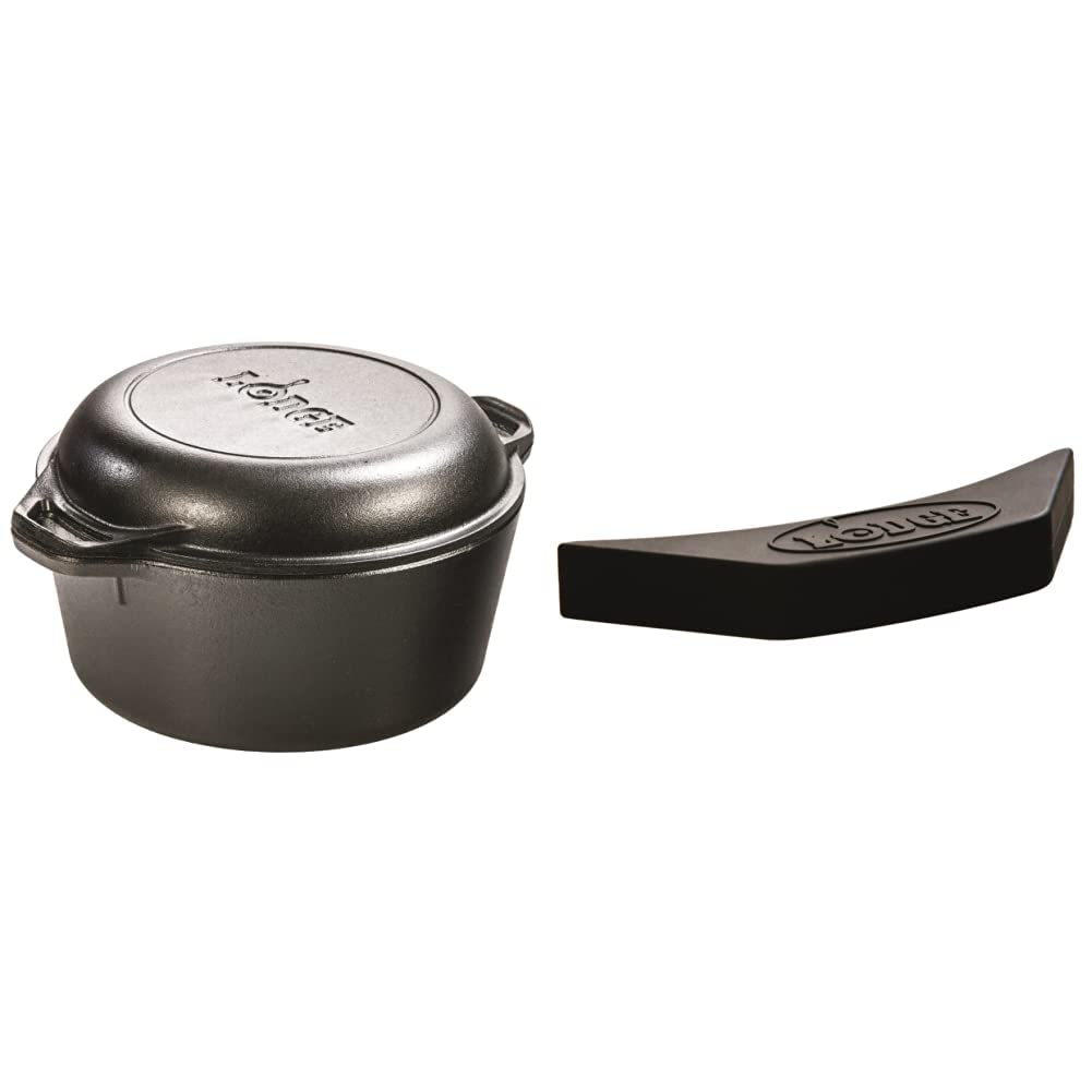 Lodge Cast Iron Serving Pot with Silicone Assist Handle Holder - 5 Quart Dutch Oven for Cooking, Baking & Serving - Perfect for Soups, Stews, Casseroles & Camping
