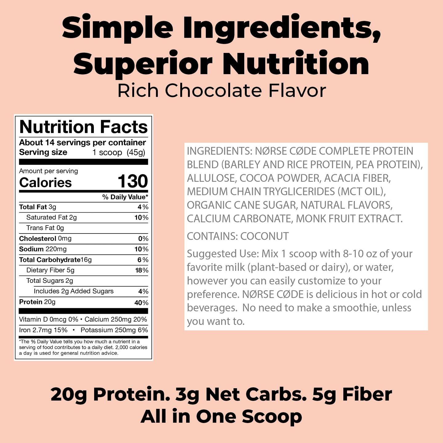 Plant-Based Chocolate Protein Powder - 20g Vegan Protein, Keto-Friendly, Dairy-Free, Low Sugar, High Fiber with Upcycled Barley, Rice & Pea Protein - 1.39lb (14 Servings) - Perfect for Post-Workout Recovery, Smoothies & Healthy Baking