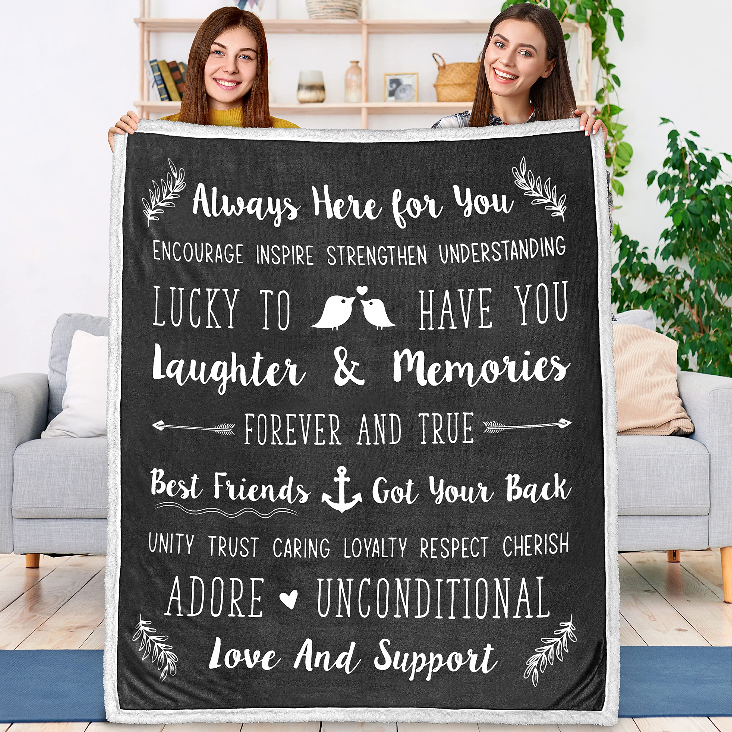 PAVILIA Best Friend Blanket - Soft Cozy Sherpa Throw Blanket with Inspirational Quotes | Thoughtful Friendship Gift for Women, Birthday Present for Bestie, Sister & Long Distance BFF | Perfect for Movie Nights, Sleepovers & Cozy Home Decor (Gray)
