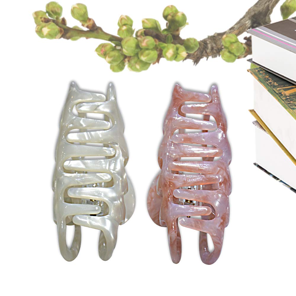 Non-Slip Tortoise Resin Hair Claw Clips for Women - Medium Size for Long Hair, Handmade Pearlescent Beige & Pink Hair Jaw Clips - Perfect for Work, Travel, and Everyday Styling