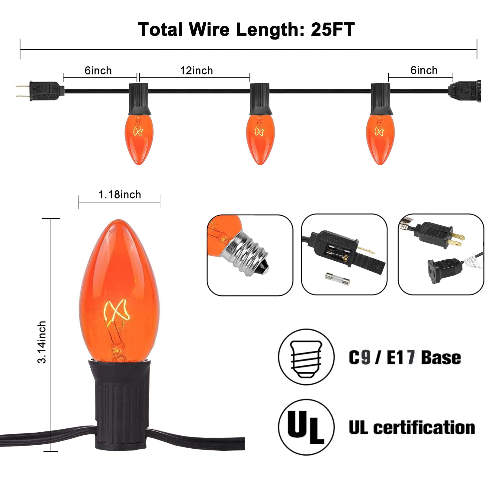 25Ft C9 Orange String Lights Outdoor - 26 Clear Orange Bulbs (1 Spare) Waterproof Connectable Christmas Lights for Patio, Garden, Holiday & Party Decorations - Black | Perfect for Christmas Tree, Backyard, Wedding & Outdoor Events