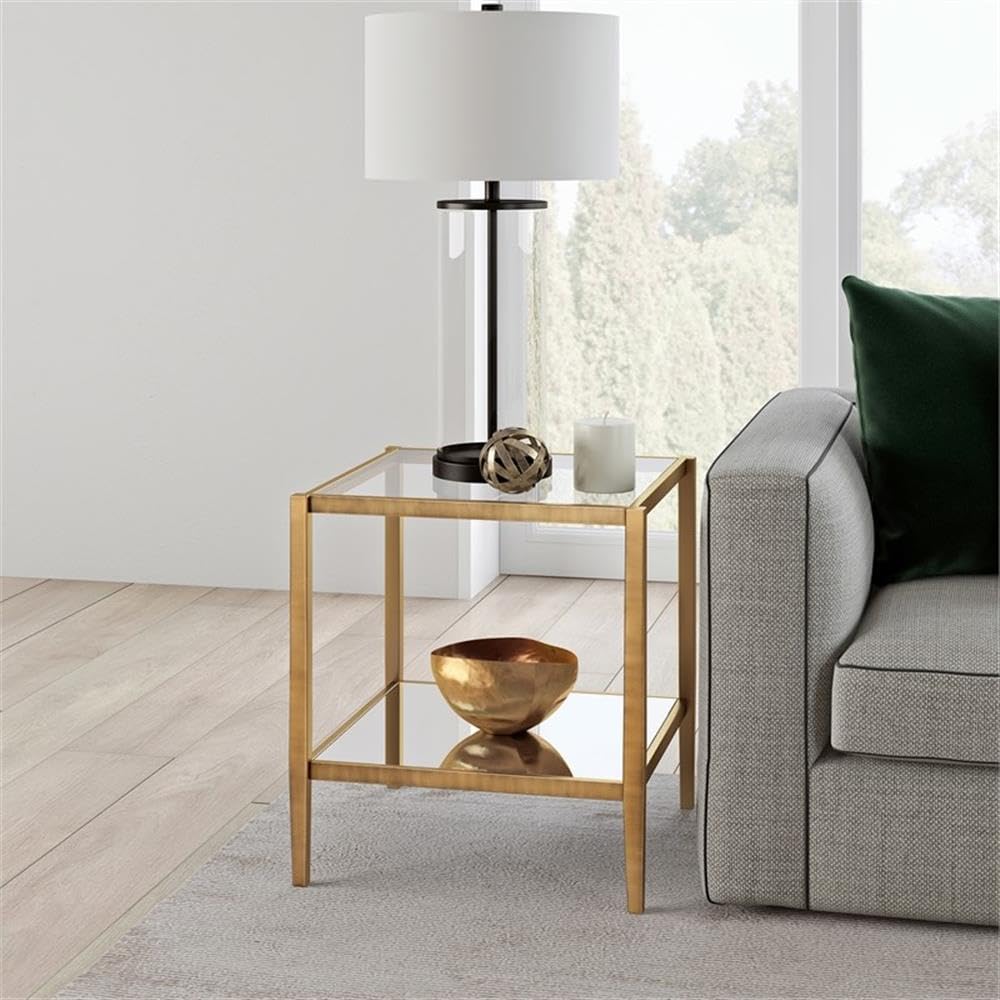 Pemberly Row Modern Metal Glam Side Table with Mirrored Shelf in Brass - Elegant Nightstand for Bedroom, Living Room, or Office Decor