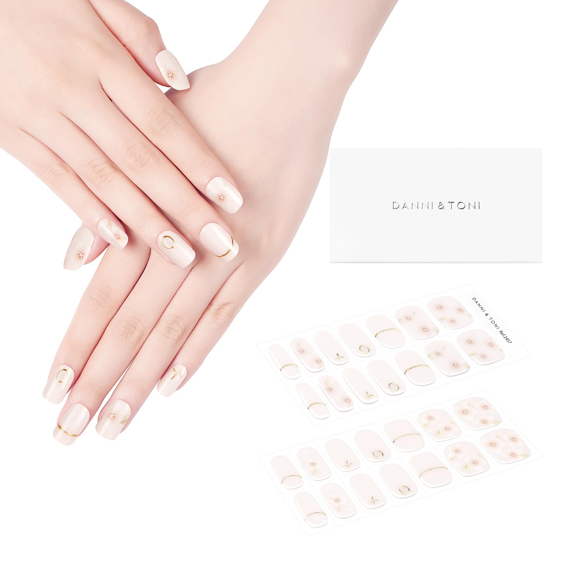 DANNI & TONI Semi Cured Gel Nail Strips - Floral Spring Design, Nude Gel Nail Stickers with 28 Pieces | DIY Manicure at Home for Parties, Weddings & Everyday Wear