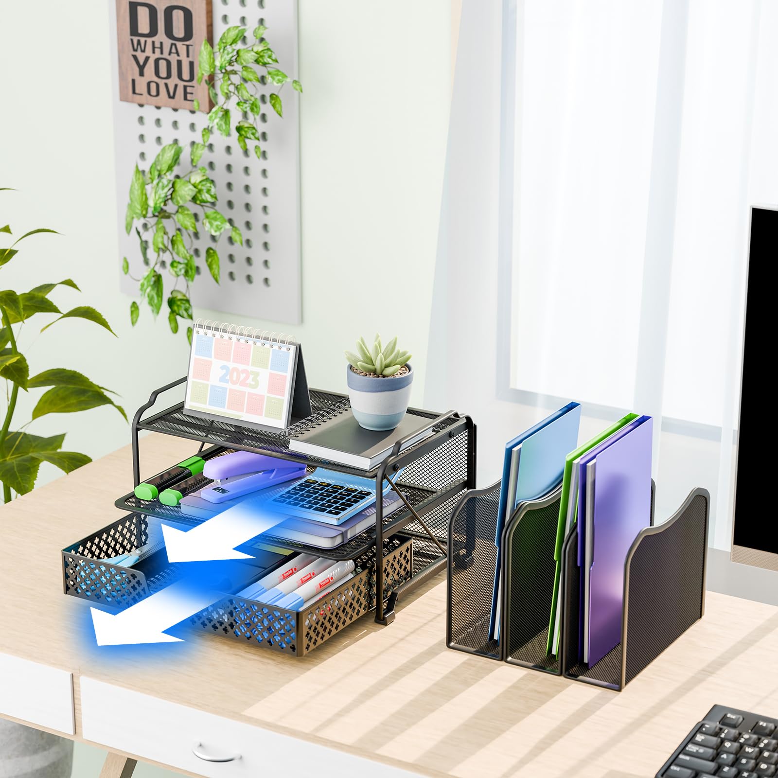 Trending Mesh Desk File Organizer - Black Office Supplies with Sliding Drawer, Double Tray & 5 Upright Sections for Document Storage | Perfect for Home Office, Study Desk & Workspace Organization
