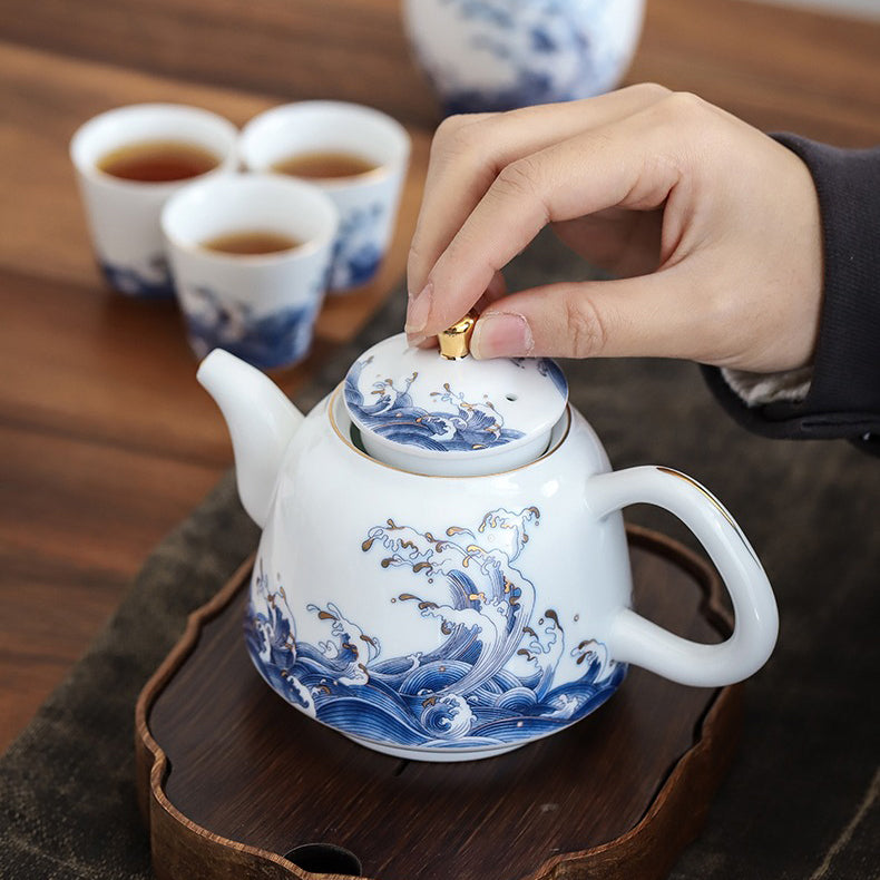 Premium Chinese Sea Wave Ceramic Teapot with 24K Gold Trim - Elegant Tea Brewing for Home, Office & Gift Giving
