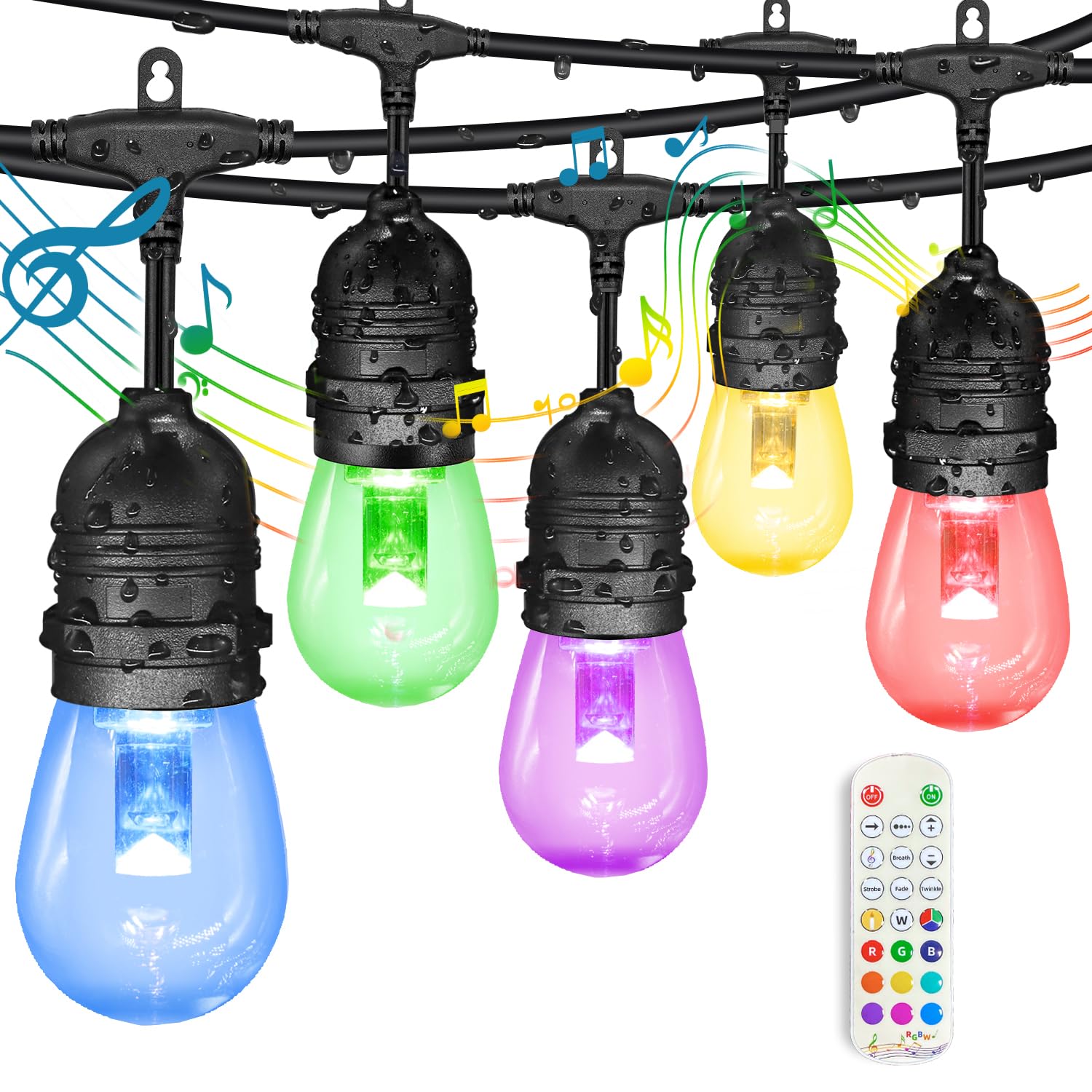 GANA 96FT Outdoor String Lights - 12V Low Voltage LED Shatterproof Bulbs, RGBW Color Changing with Music Sync, IP65 Waterproof & Connectable for Patio, Garden, Courtyard, Bistro - Perfect for Parties, Weddings & Backyard Decor
