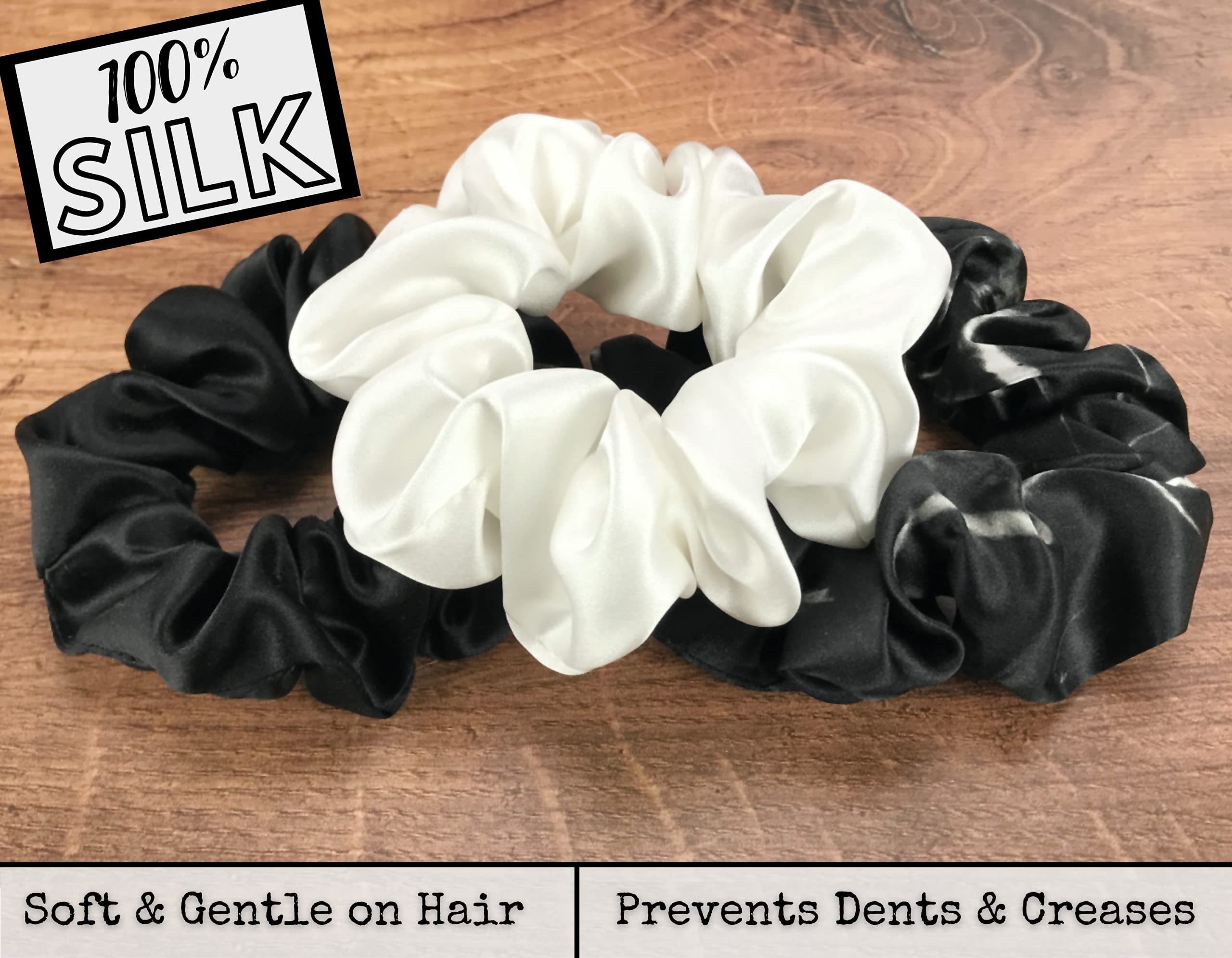 Premium Mulberry Silk Scrunchies for Women - Soft Hair Ties (Black, Ivory, Marble) - Gentle on Hair, Perfect for Workouts, Sleep & Everyday Styling