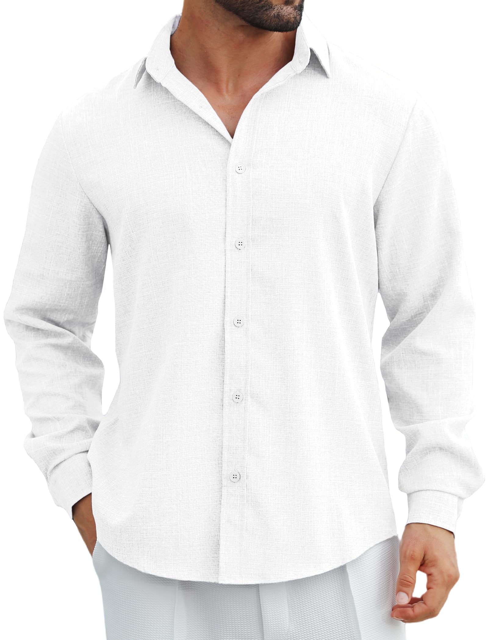 MAPICK Men's Linen Shirt - Long Sleeve Button Down Casual Dress Shirt for Beach Vacation, Fall Tops & Business Casual Wear - Breathable Summer Office & Outdoor Travel Shirt