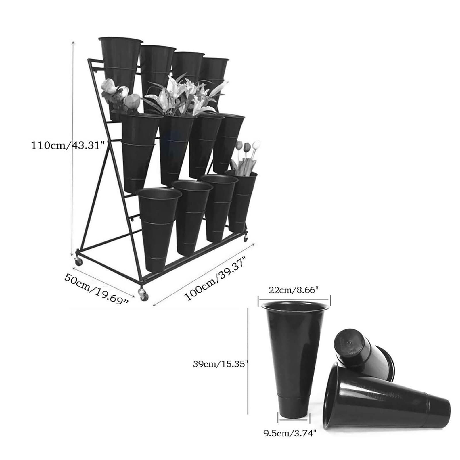 3-Tier Metal Flower Display Stand with 12 Plastic Buckets & 4 Universal Wheels - White Rolling Florist Cart for Bouquet Arrangement | Perfect for Flower Shops, Wedding Decor & Event Displays