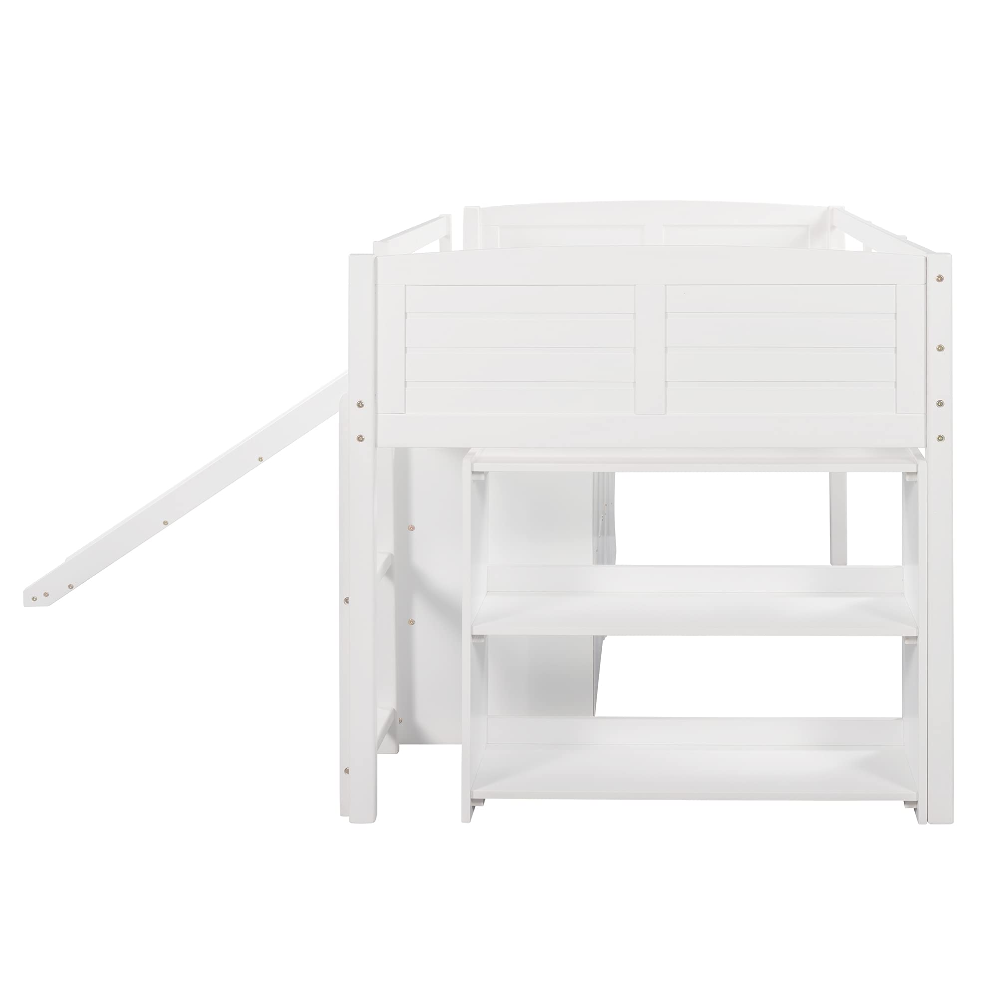 Harper & Bright Designs Solid Wood Low Twin Size Loft Bed with Slide, Drawers & Bookshelf - Kids Cabin Bed Frame for Bedroom or Playroom - Perfect for Small Spaces & Sleepovers (White)