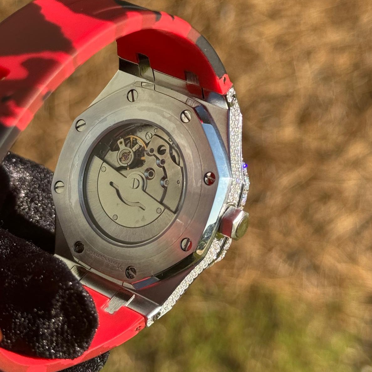 Moissanite Camouflage Red Automatic Watch for Men - Luxury Designer Military Style Timepiece | Perfect for Outdoor Adventures, Formal Events & Everyday Wear