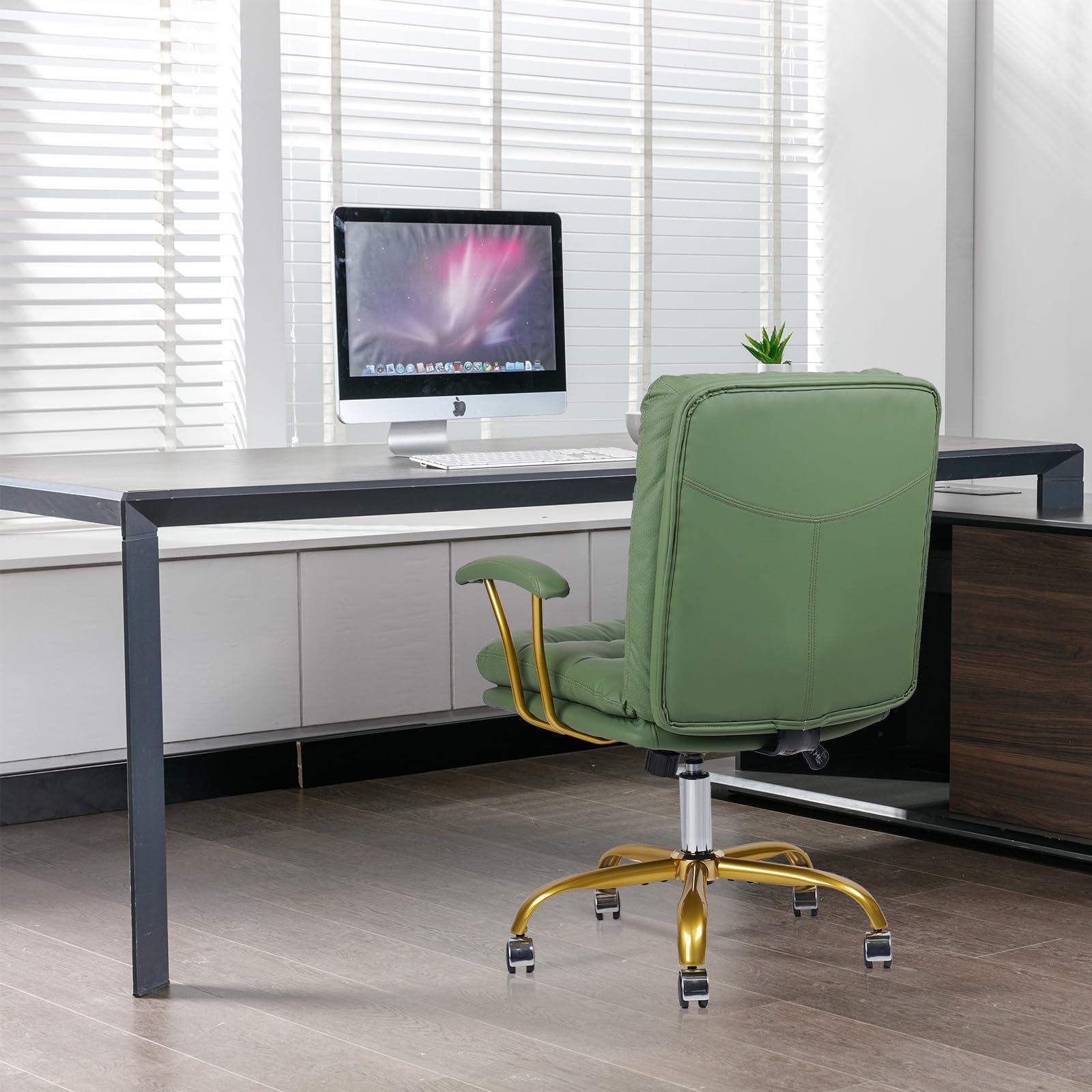 Premium Green & Gold Leather Office Chair - Ergonomic Swivel Desk Chair with Padded Seat, Adjustable Height & Wheels - Perfect for Home Office, Study Room, Vanity Dressing Table & Living Room Workspace