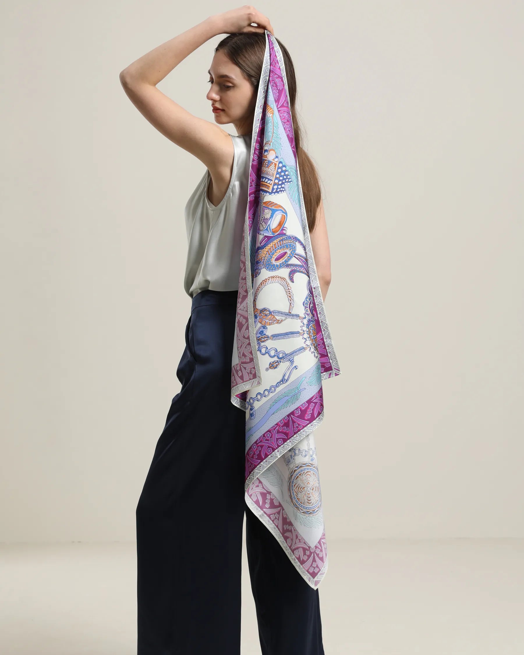 Luxury Silk Scarf with Multiple Elements in Elegant Purple - Perfect for Women's Fashion, Gifts & Special Occasions