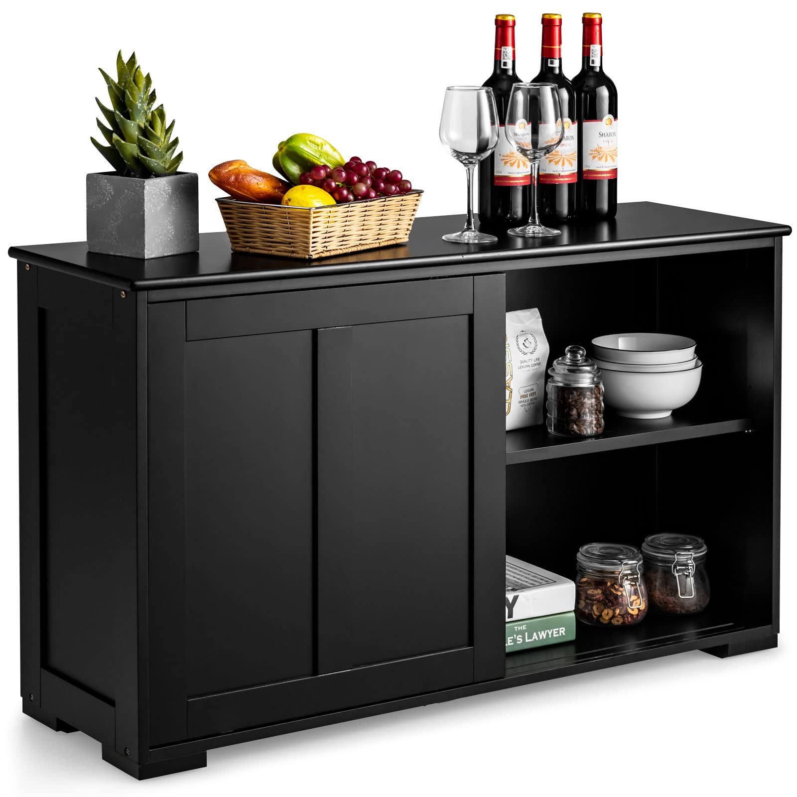 Costzon Wooden Sideboard Buffet Cabinet with Adjustable Shelf & Sliding Barn Door - Kitchen Storage Cabinet, Coffee Bar Console Table for Living Room, Dining Room, Hallway - Elegant Black Finish | Perfect for Home Decor, Entertaining & Small Space Organization