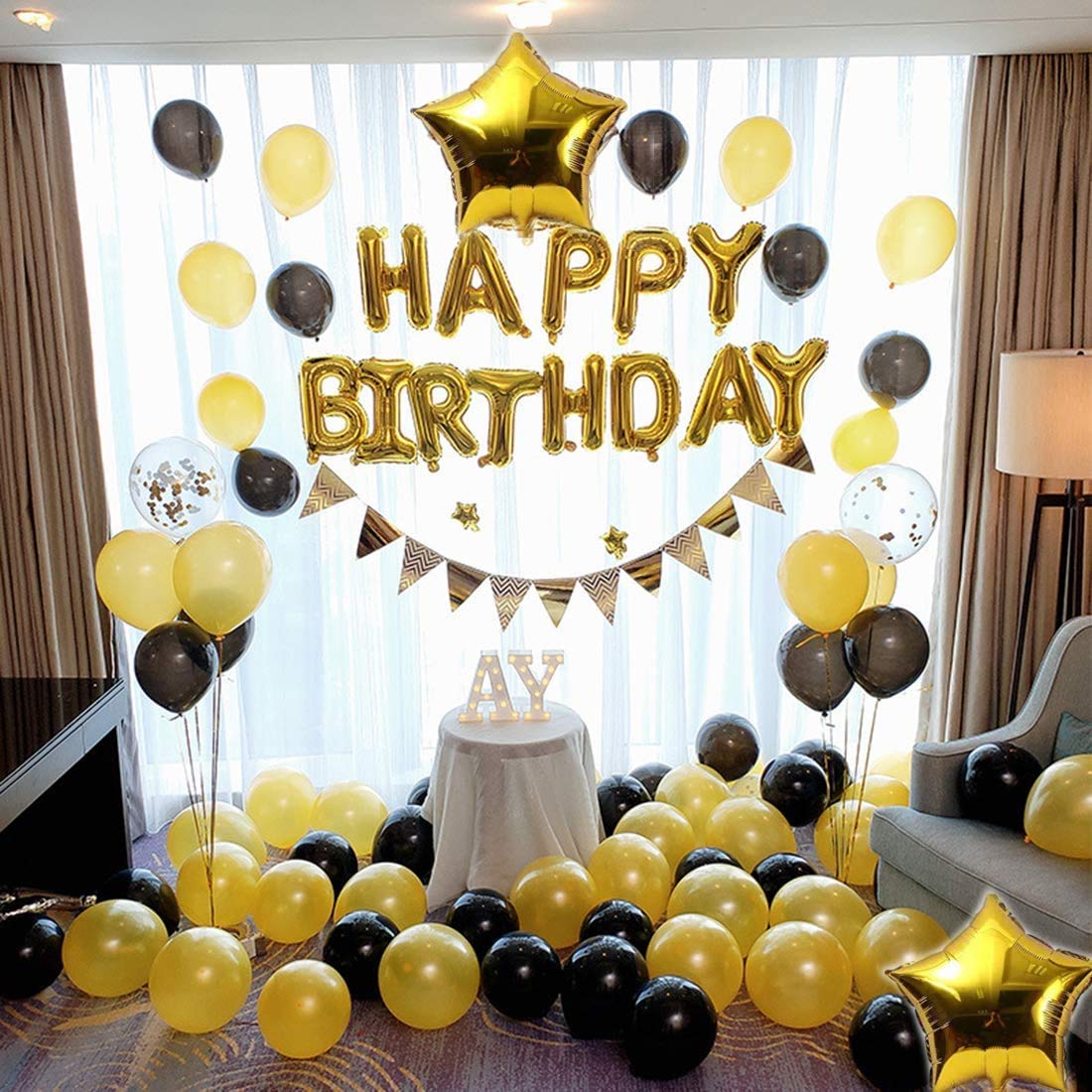 16 Inch Happy Birthday Balloons Decorations Set - 13pcs Letter Balloons Banner, 2 Giant Star Foil Balloons, 4 Confetti Balloons, 6 Latex Balloons (Gold) | Perfect for Birthday Parties, Baby Showers, Anniversaries & Special Events