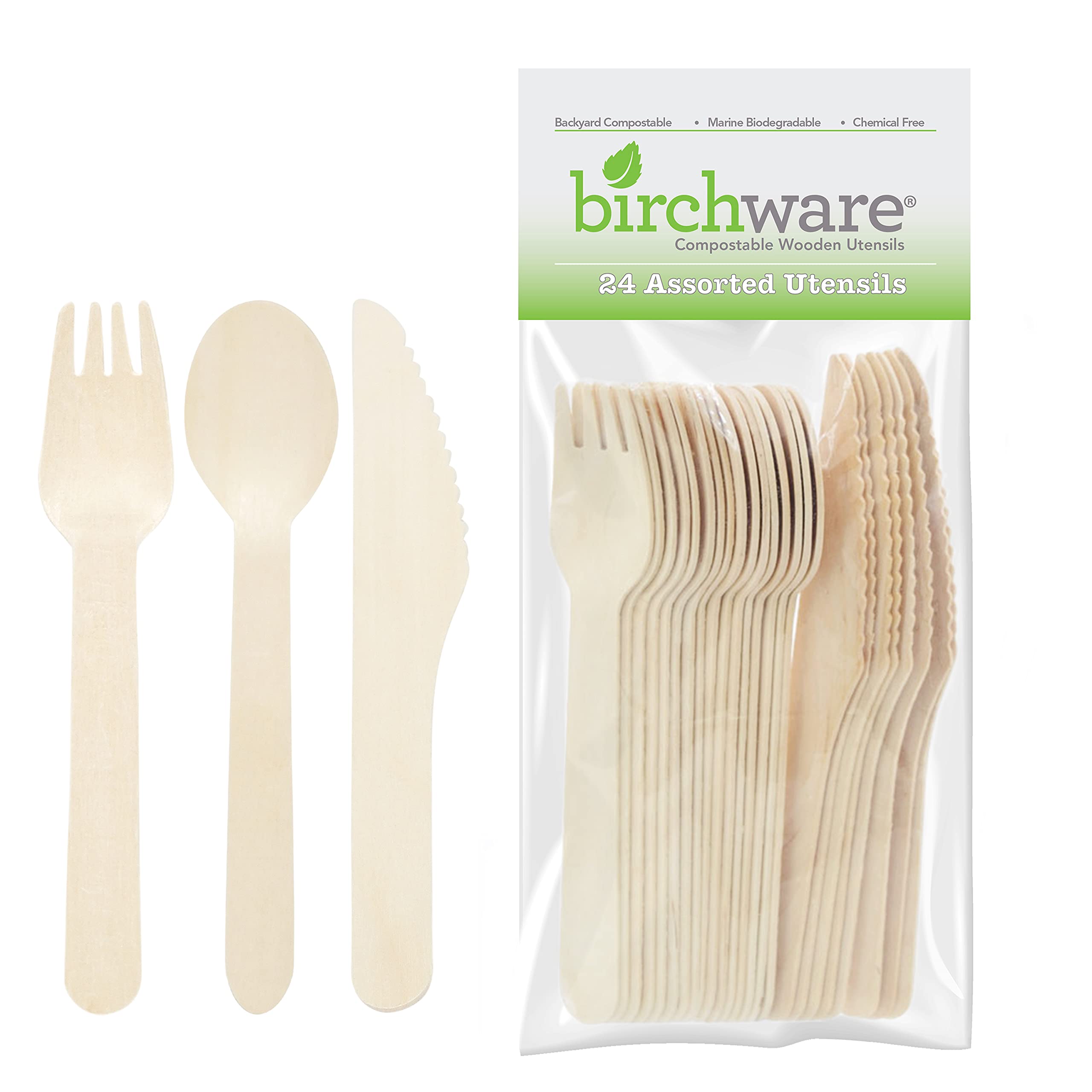Biodegradable Wooden Cutlery Set - 24-Piece Compostable Forks, Spoons & Knives for Eco-Friendly Parties, Picnics & Events | Birchware Classic 6.5
