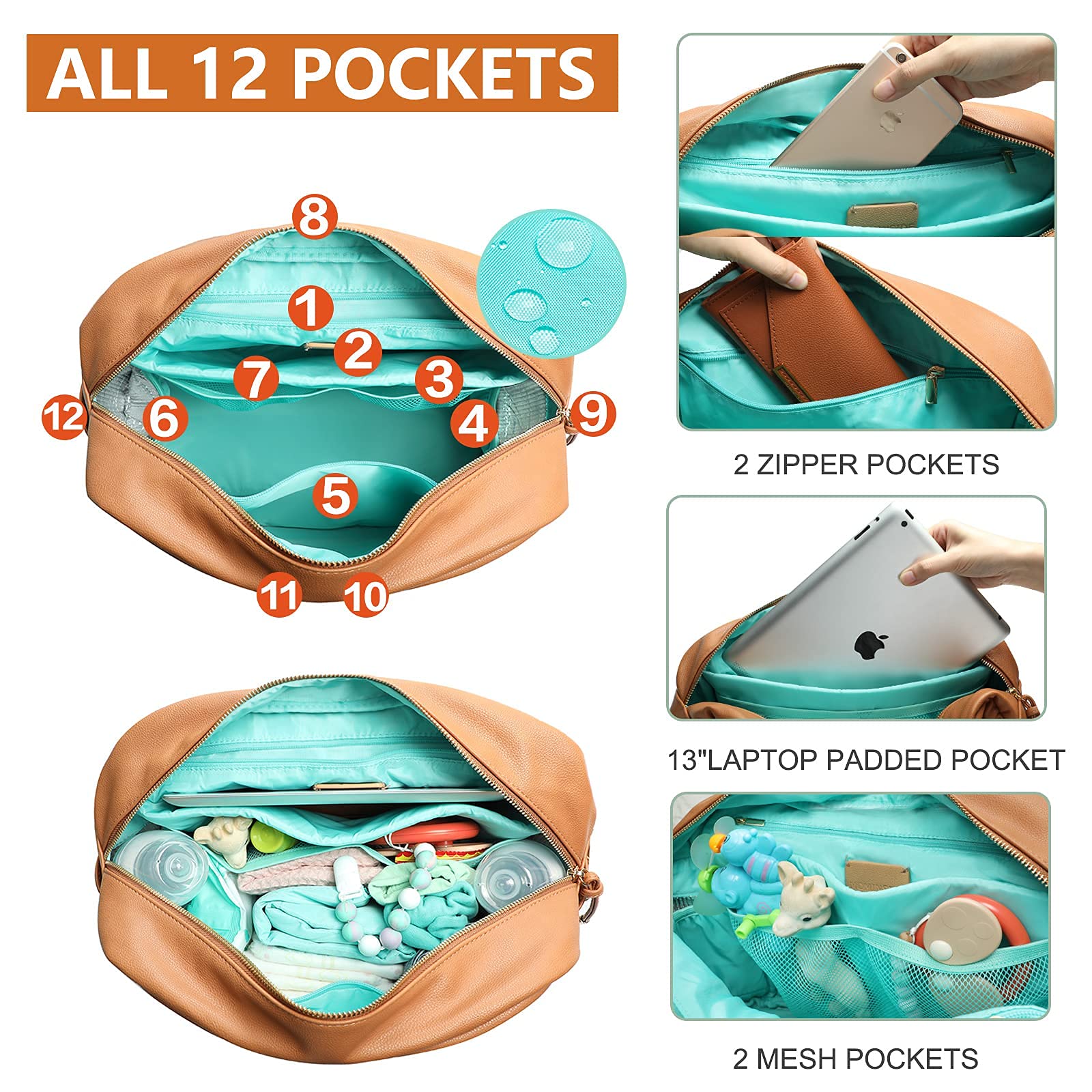 Premium Leather Diaper Backpack for Moms & Dads - Large Capacity Baby Bag with 6 Insulated Pockets, Stroller Straps & Changing Station - Perfect for Travel, Daycare & Family Outings (Registry Gift Ready)