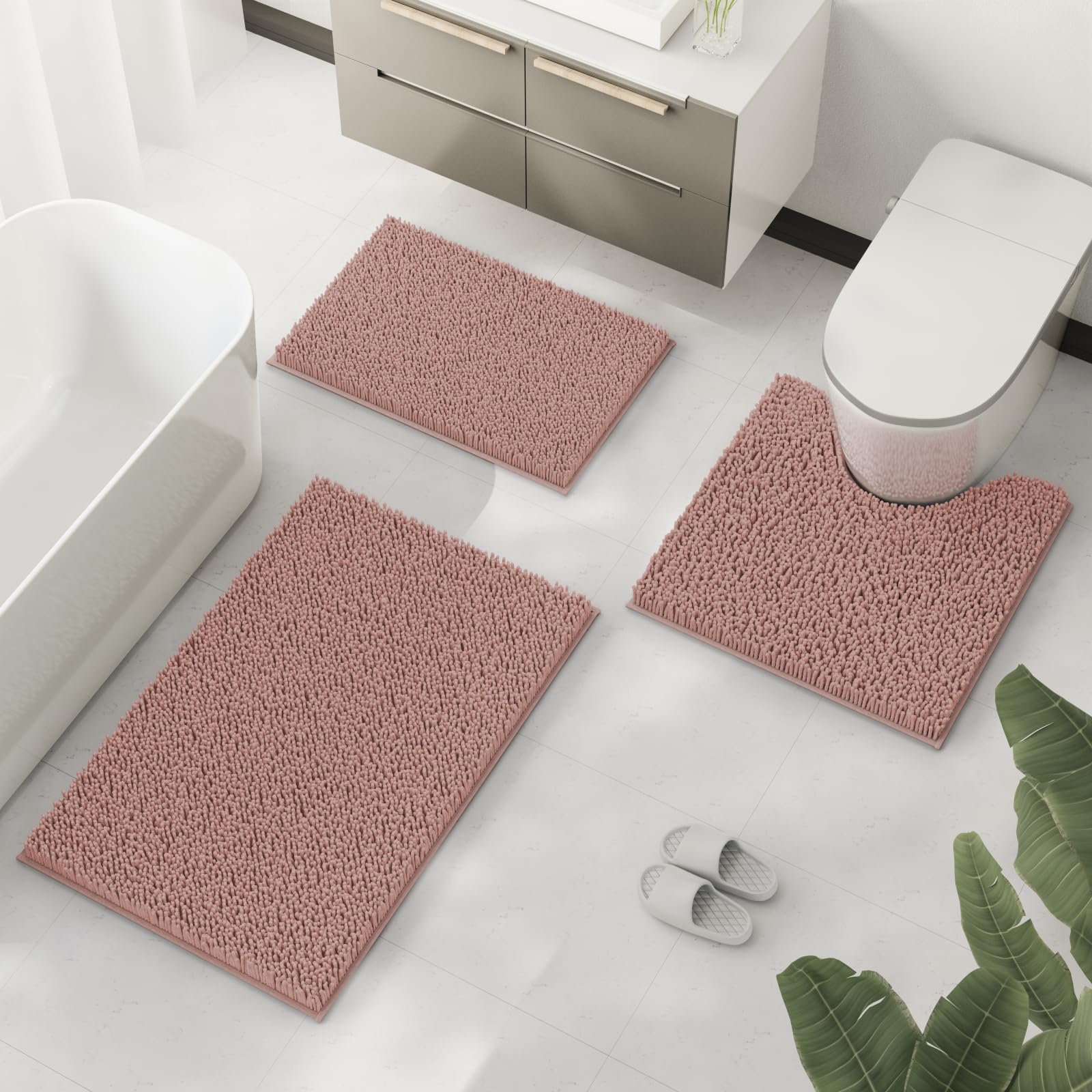 Premium Chenille Bath Mats Set of 3 - Ultra Soft Non-Slip & Super Absorbent Bathroom Rugs in Misty Rose - Plush Shaggy Bath Mat for Bathroom, Tub & Shower - Perfect for Cozy Bathrooms & Spa-Like Relaxation