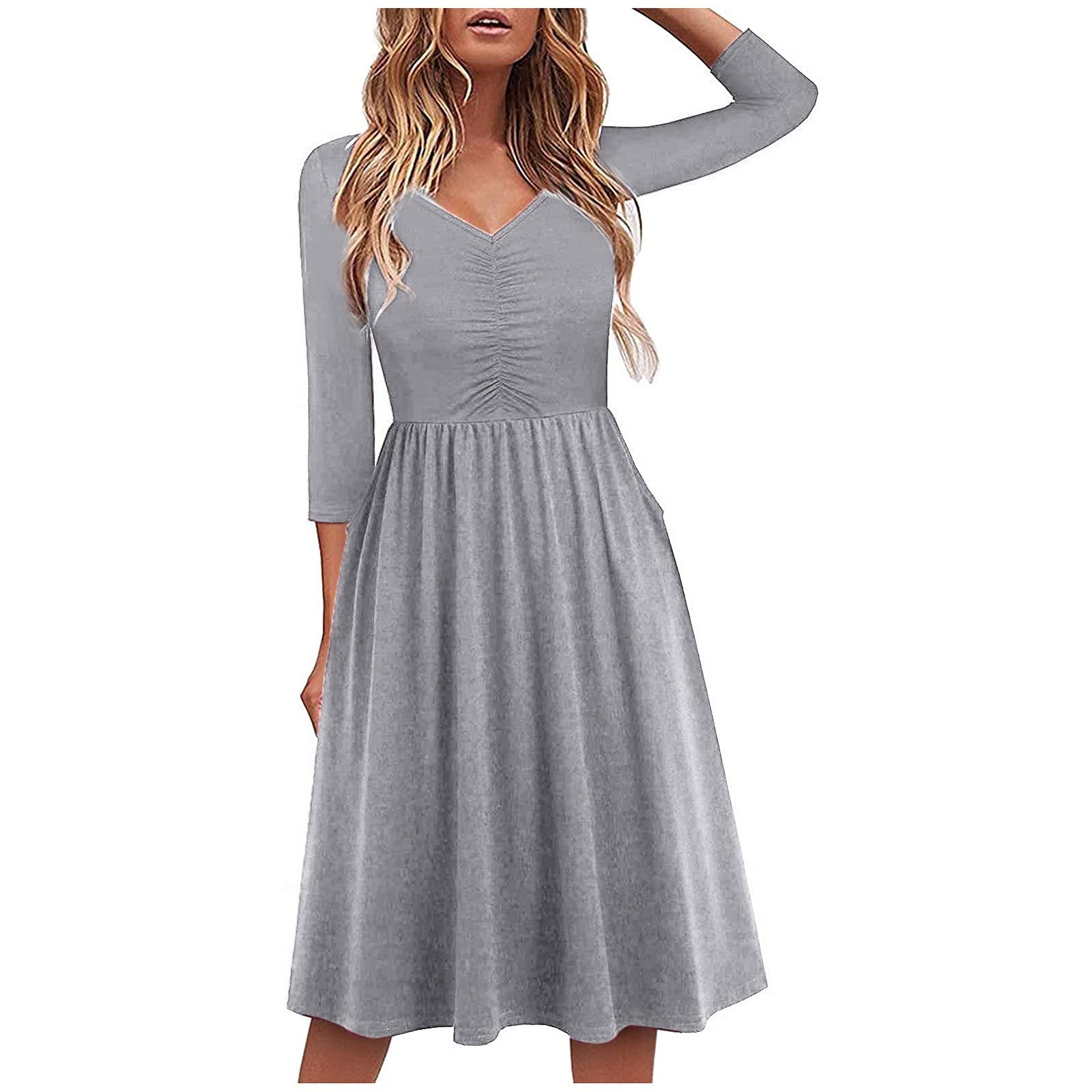 Women's Midi Dress - V-Neck 3/4 Sleeve Solid Color Casual A-Line Knee-Length Pleated Dress with Pockets | Perfect for Beach Outings, Summer Vacations & Casual Everyday Wear