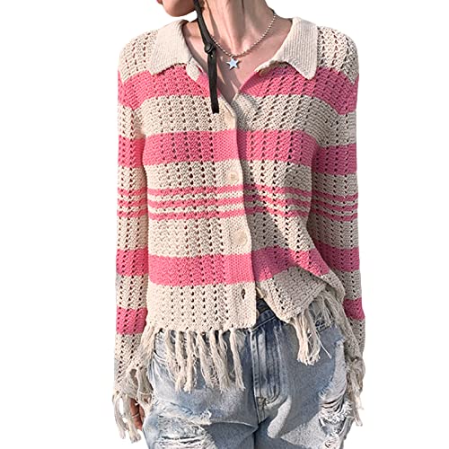 Women's Striped Color Block Knit Crop Cardigan Sweater with Button Down & Tassels - Long Sleeve Aesthetic Streetwear Top for Casual Outfits & Layering