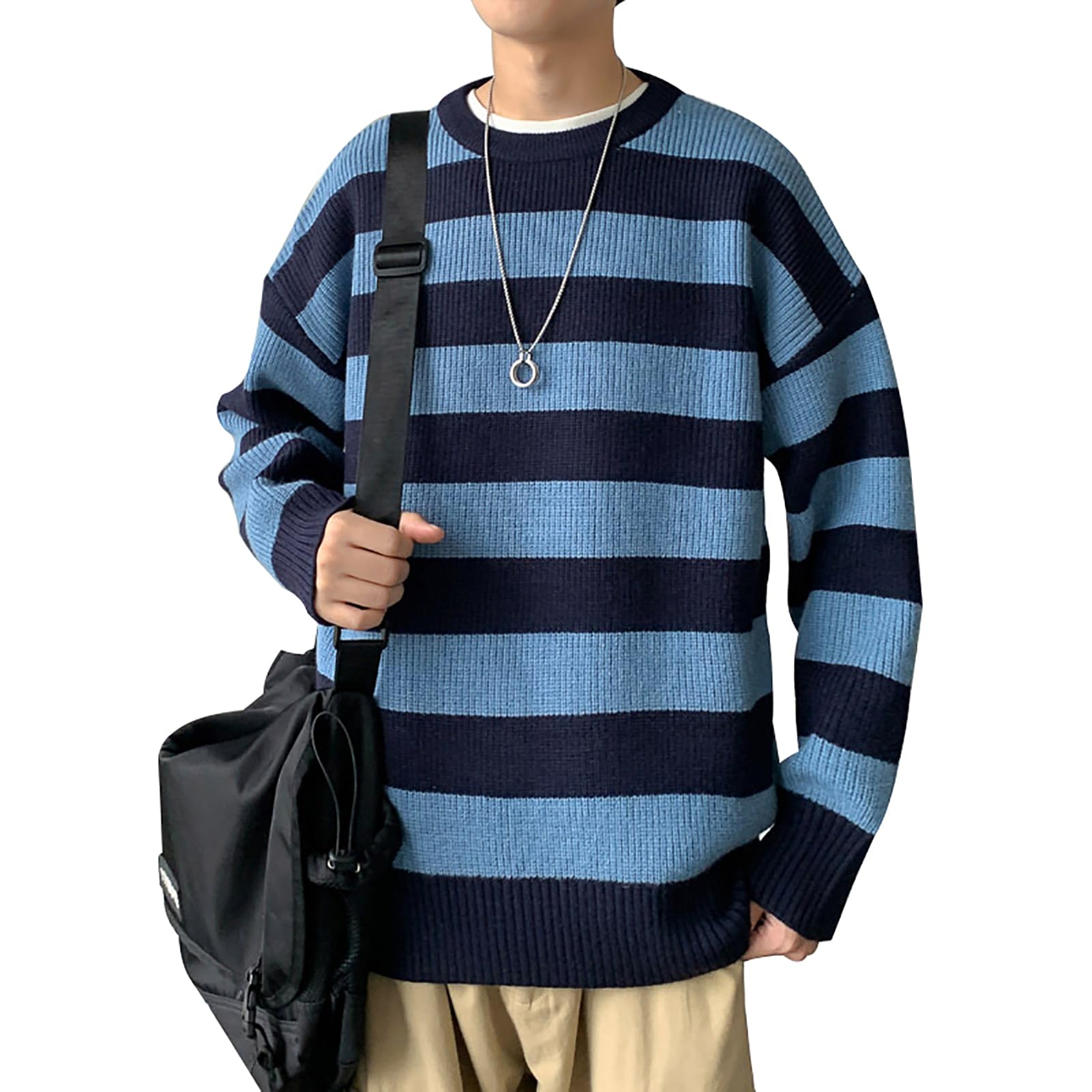 Men's Striped Knit Sweater - Oversized Long Sleeve Pullover for Autumn Winter Fashion | Casual Wear & Layering