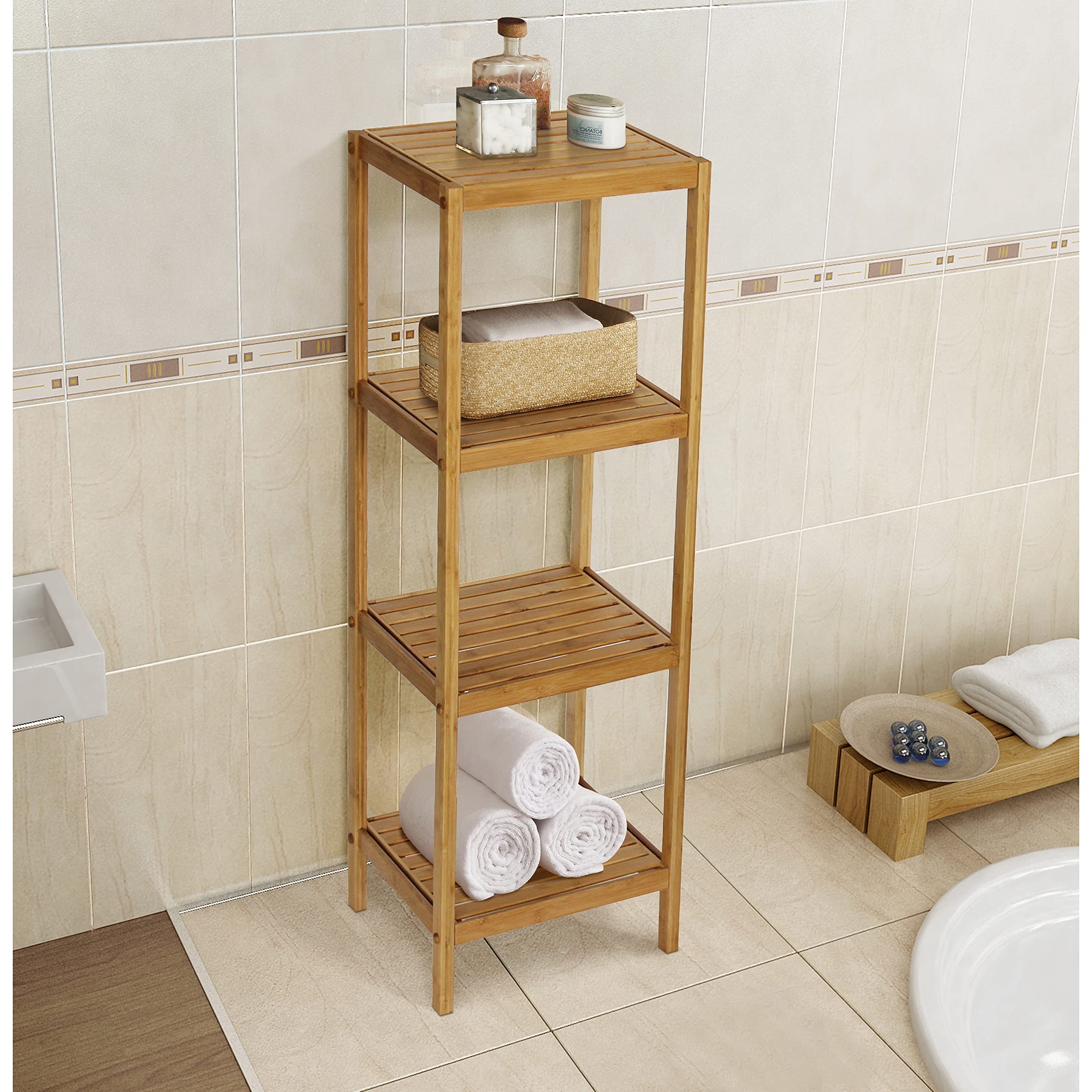 Natural Bamboo Spa Shelf Tower - 4-Tier Bathroom Organizer for Towels, Toiletries & Decor | Perfect for Bathroom, Spa & Home Storage